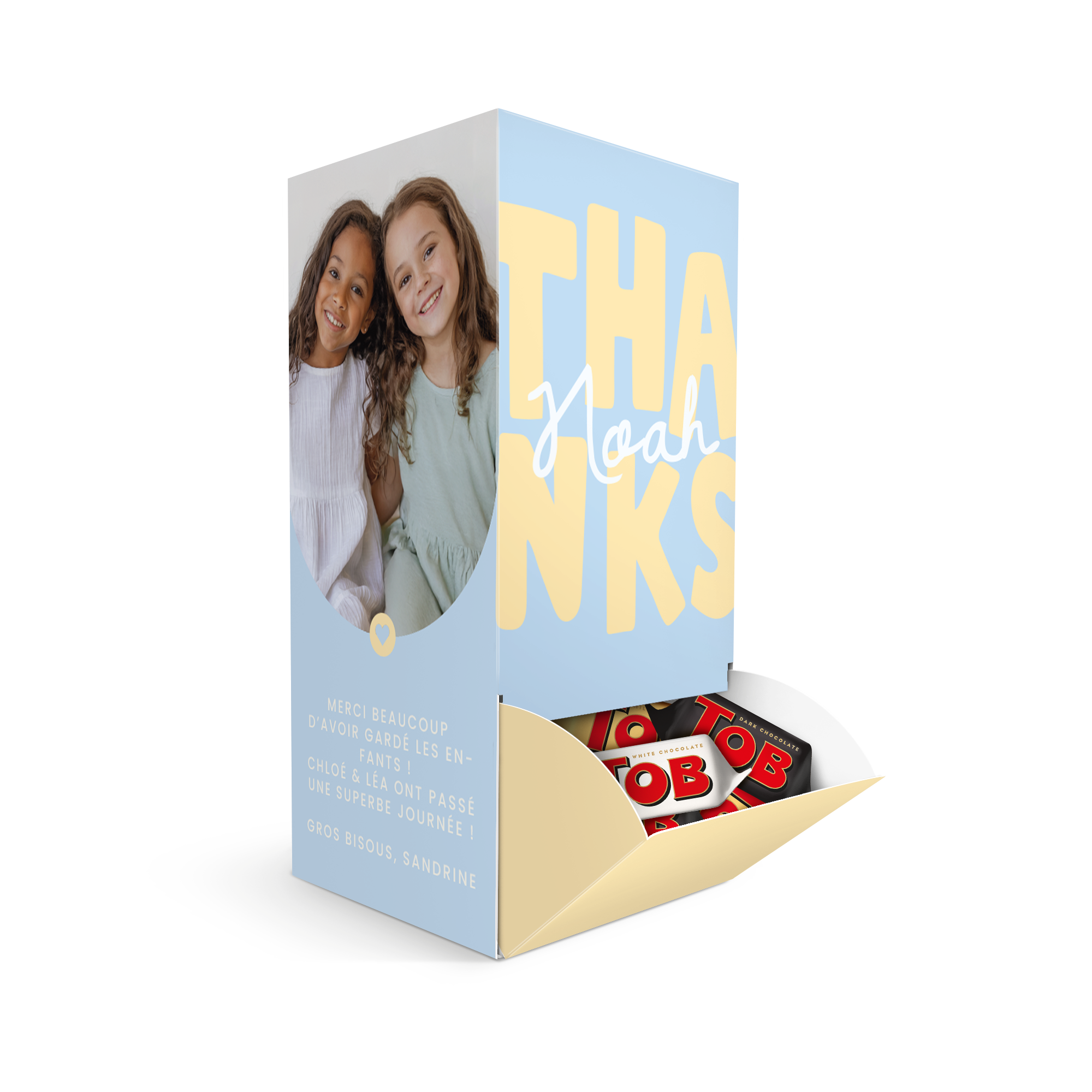 Distributeur de chocolat personnalisé avec Toblerone imprime avec une photo de deux enfants et un texte personnel