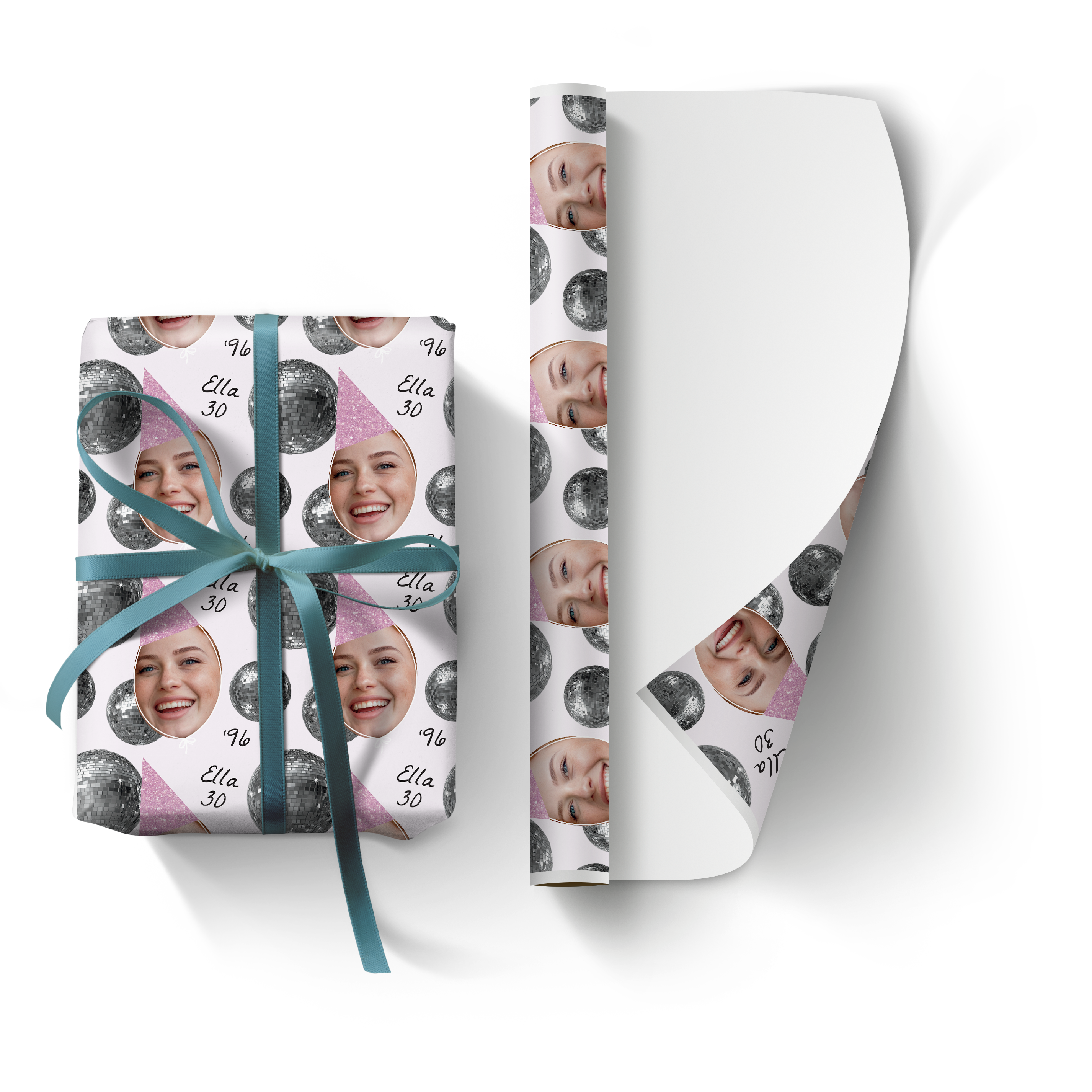 Geschenkpapier mit Foto selbst gestalten (XL), bedruckt mit lächelndem Frauengesicht, Name Ella und der Zahl 30, Partyhüten und Diskokugeln.