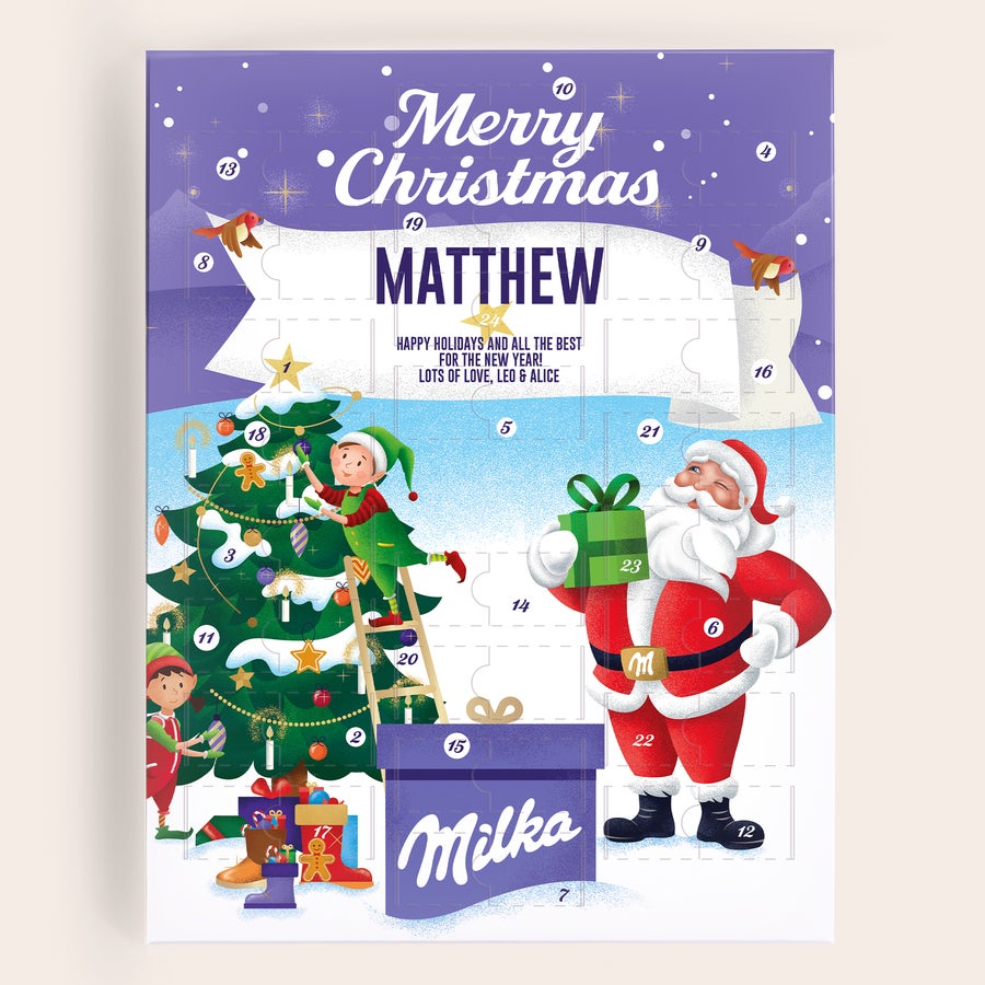 Prilagojeni adventni koledar Milka Favourites Prilagojen adventni koledar Milka s prazničnim motivom, imenom Matthew in odštevanjem do božiča.