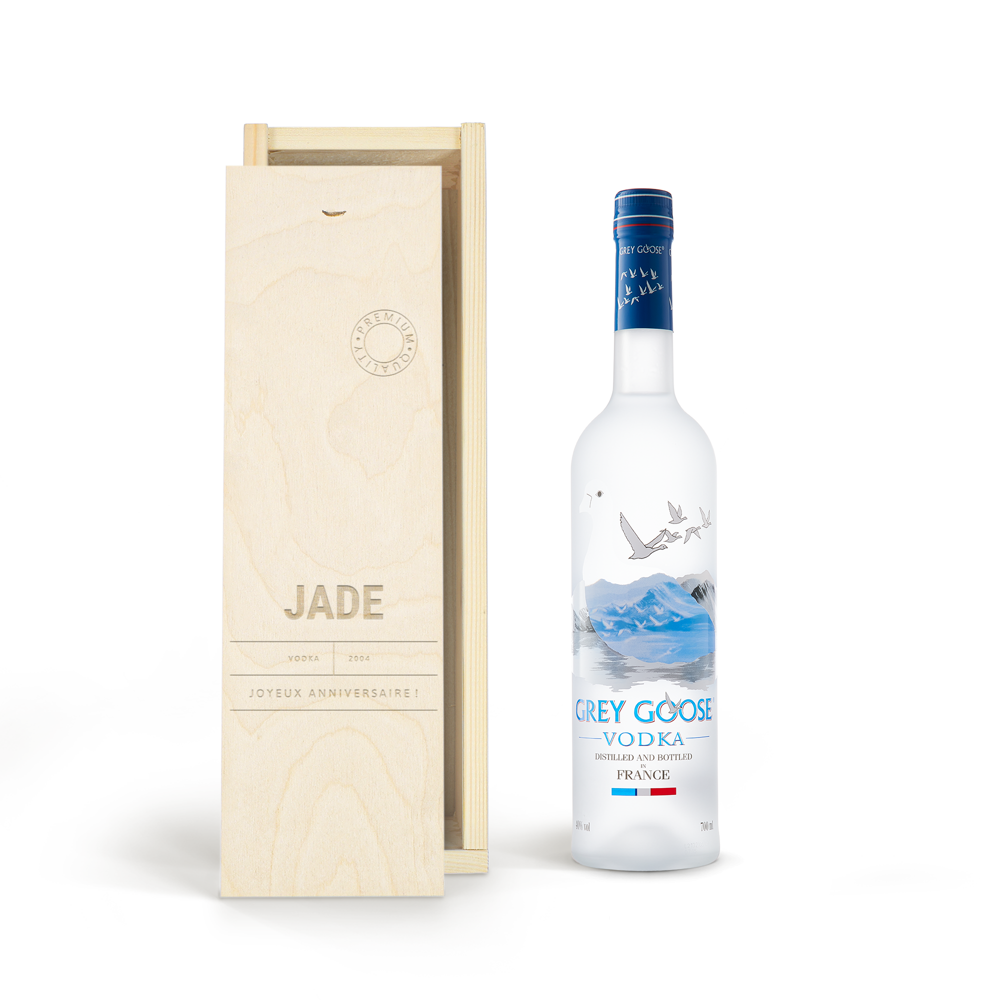 Bouteille de vodka Grey Goose avec coffret en bois imprimé du texte Jade et Joyeux Anniversaire, pour un cadeau unique