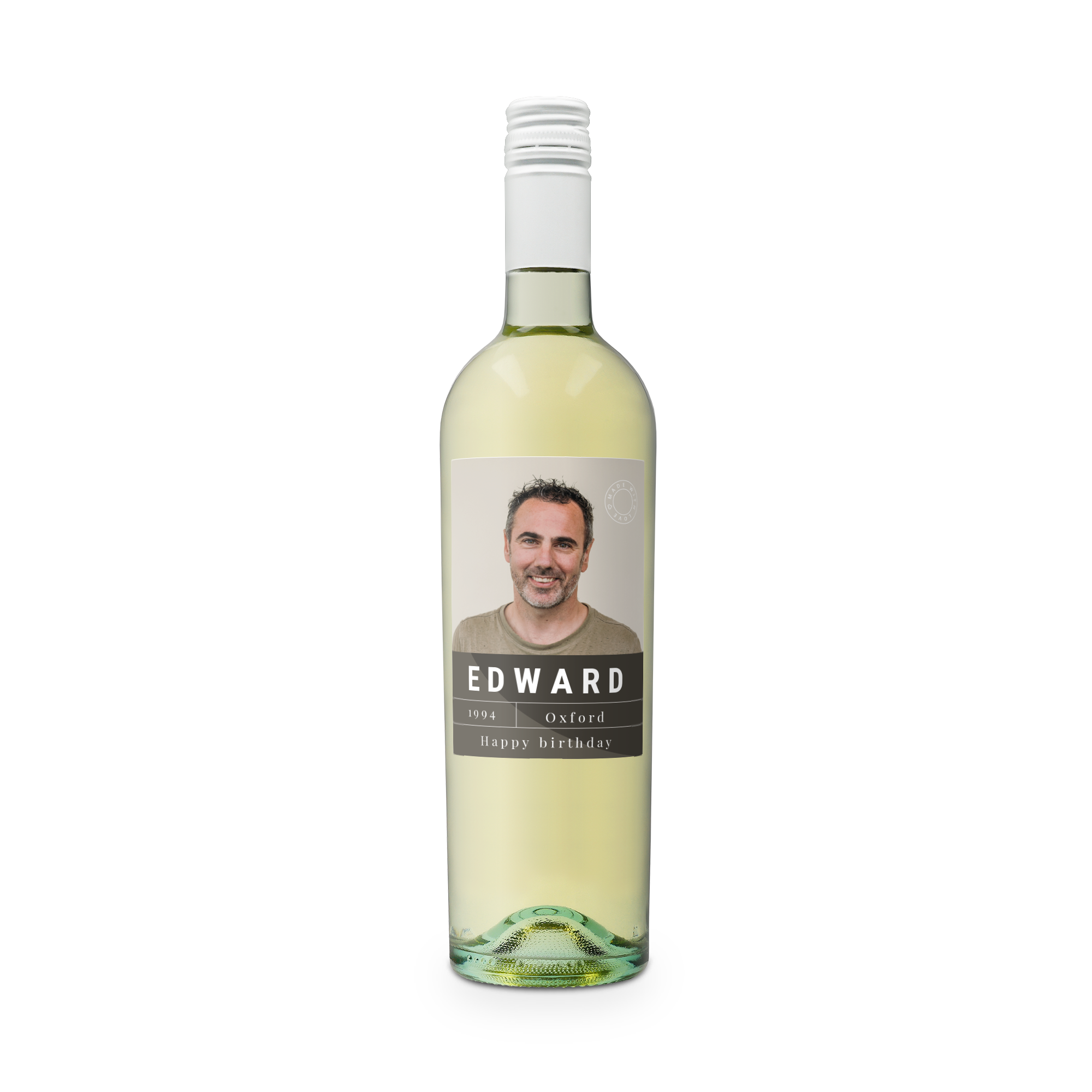 Botella de vino Riondo Pinot Grigio con etiqueta personalizada con foto, nombre Edward y texto "Happy Birthday".