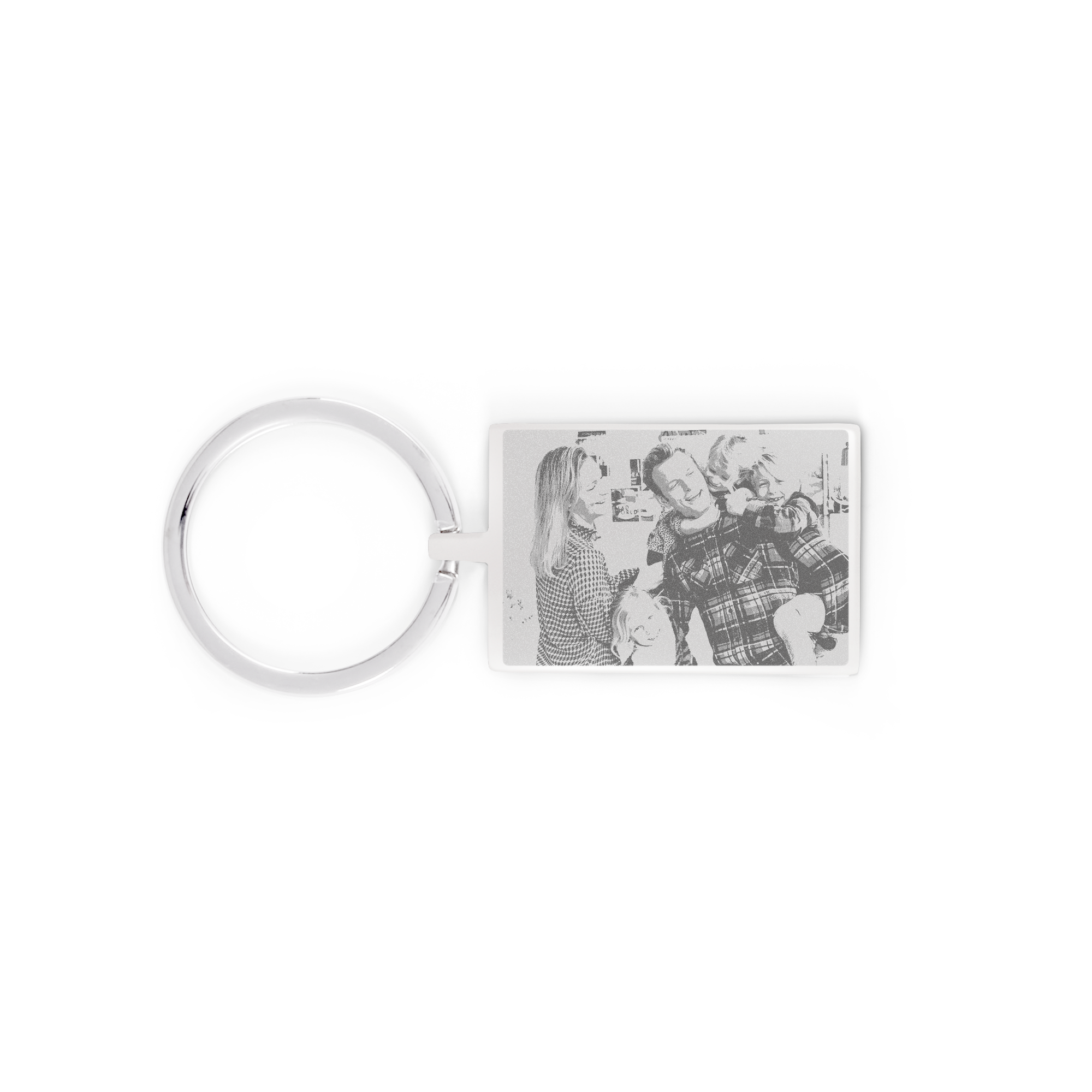 Breloc dreptunghiular din metal argintiu gravat cu o fotografie personalizată a unei familii. Oferiți cadou un frumos breloc gravat cu fotografia dvs.