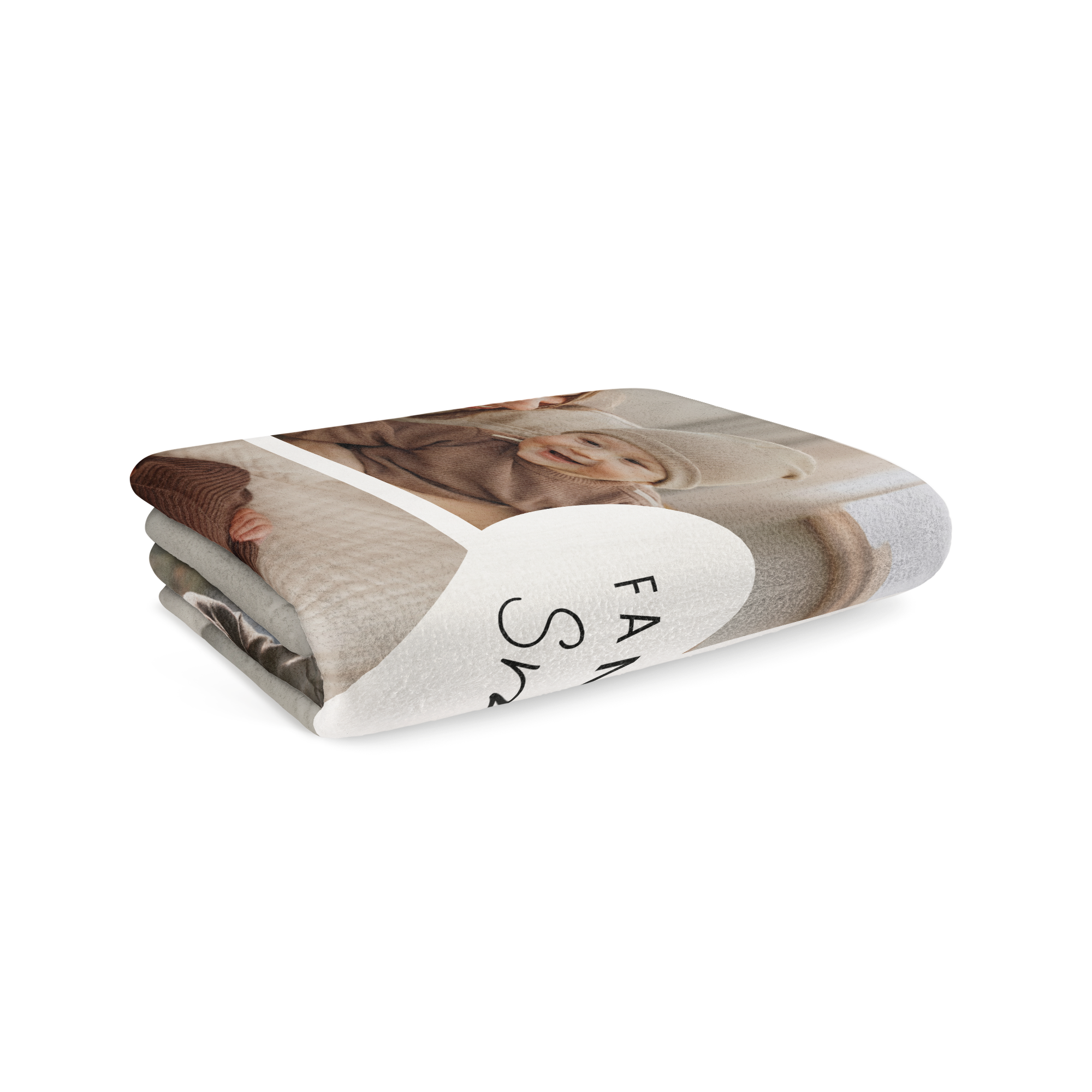 Gefaltete Kuscheldecke mit Namen oder Foto bedruckt, zeigt Babygesicht in Herzform und den Text FAMILY