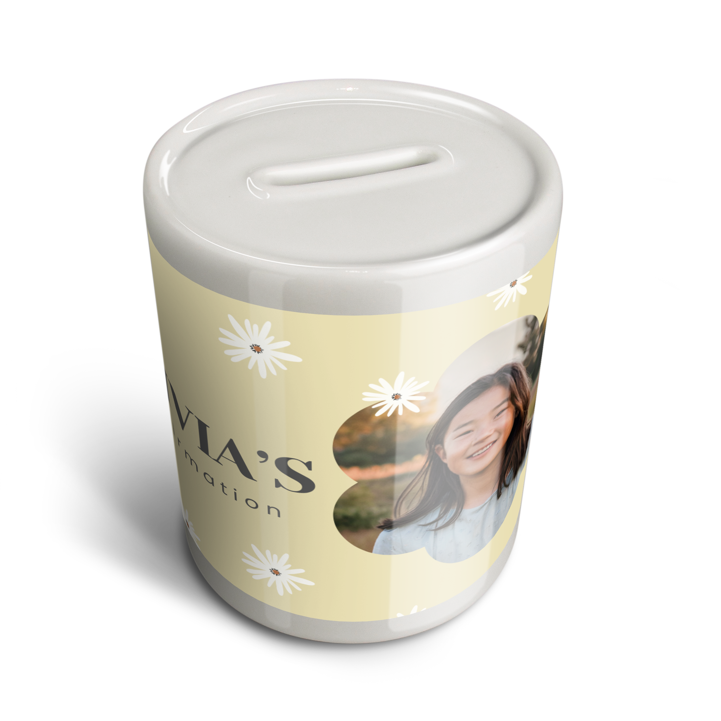 Keramisk sparebøsse med personligt printet foto, tekst og tusindfryd til at give penge til konfirmanden.