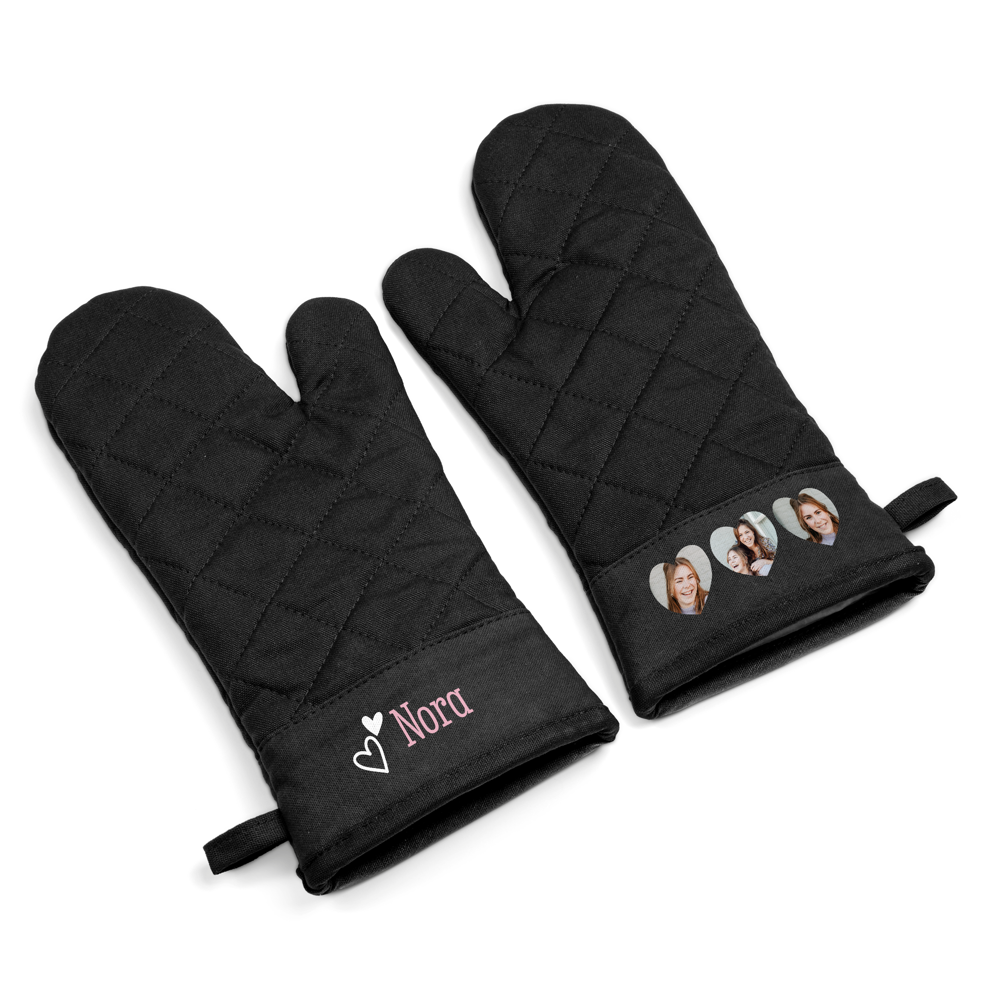 Paire de gants de cuisine noirs personnalisés un vrai cordon bleu avec le nom Nora et trois photos imprimées