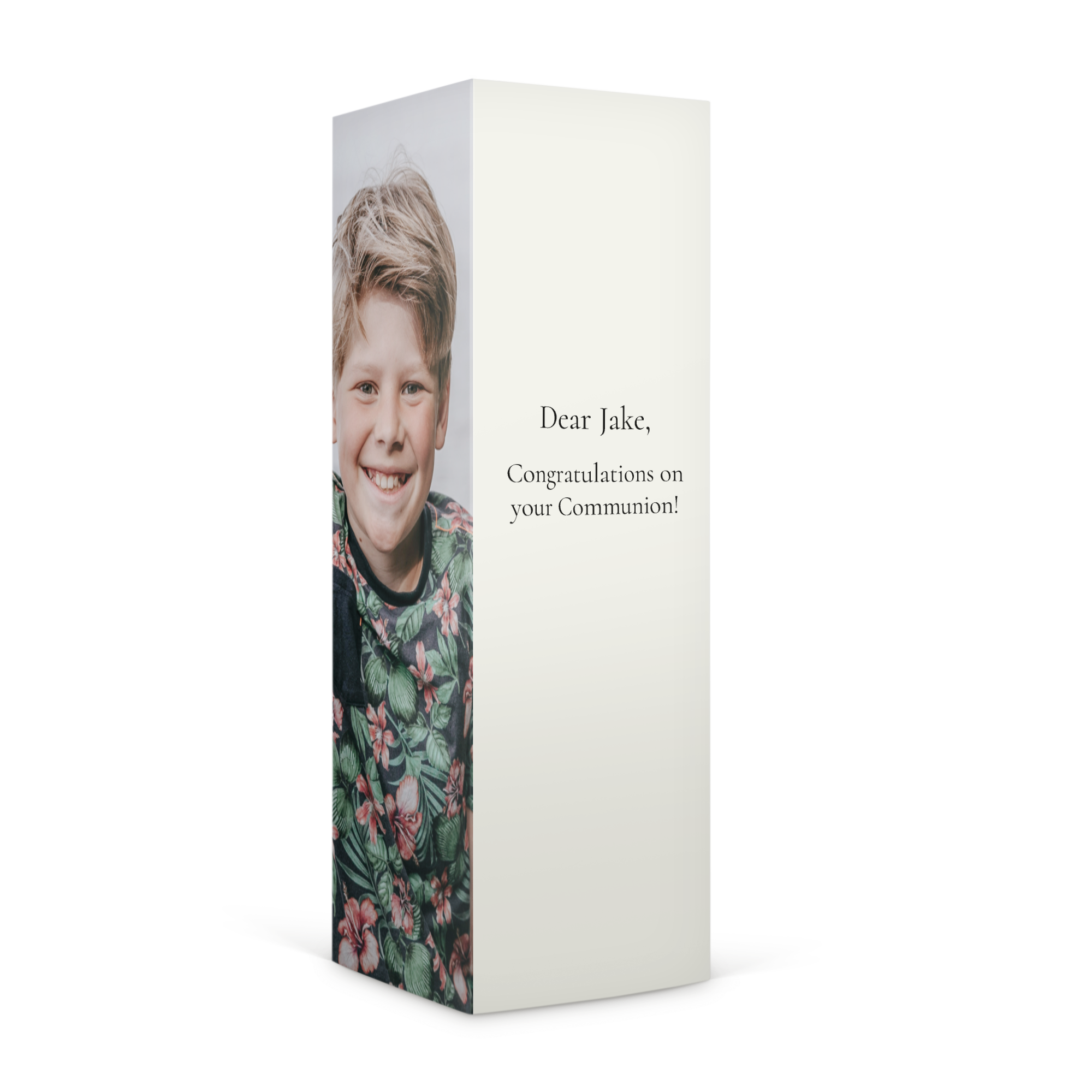 Personalised Haribo sweets gift box with a boy's photo and "Dear Jake, Congratulations on your Communion!" printed on it