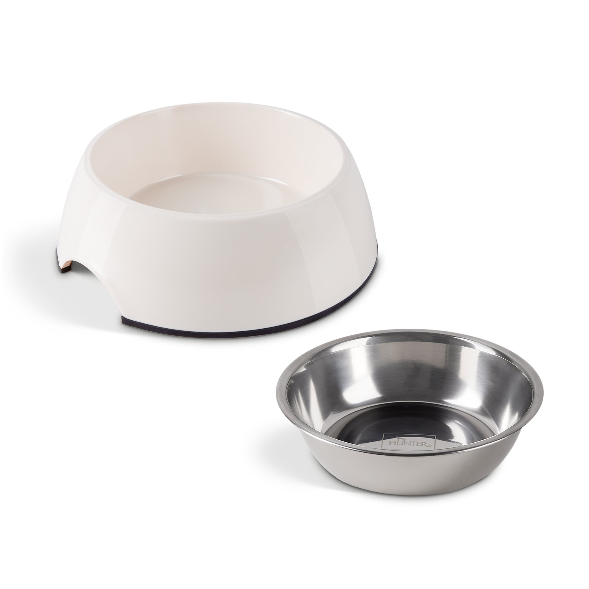 Bol personalizat pentru hrană câini, cu vas detașabil din inox și exterior crem, ideal pentru a nu mai rămâne nicio firimitură.