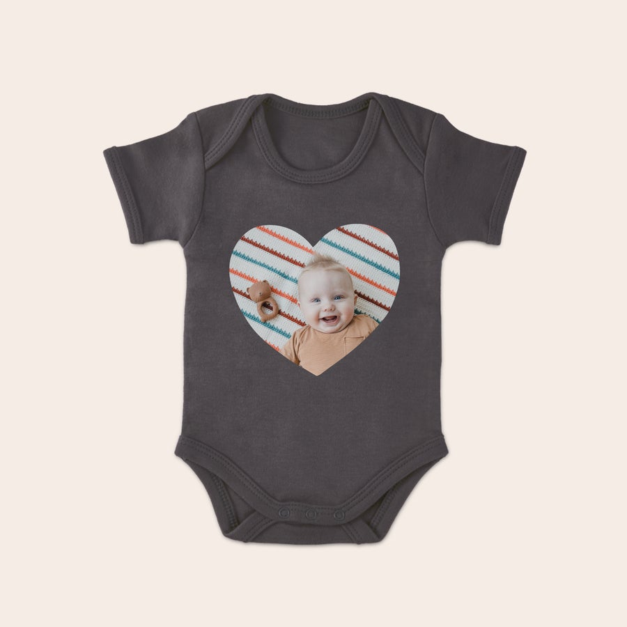 Personalised baby grow Dark gray babygrow with a cute baby photo printed in a heart shape, perfect for new parents.