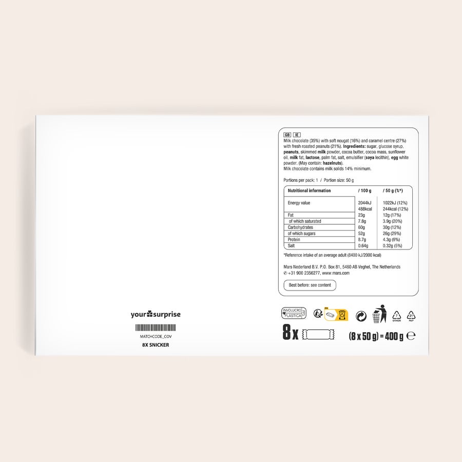 Snickers chokoladegave med navn og billede Snickers chokolader i gaveæske med navn og billede, tilpasset med eget foto og tekst