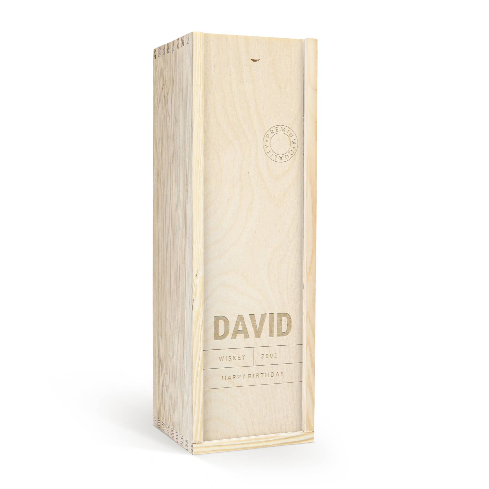 Confezione di whisky personalizzata in legno incisa con nome David e testo Happy Birthday