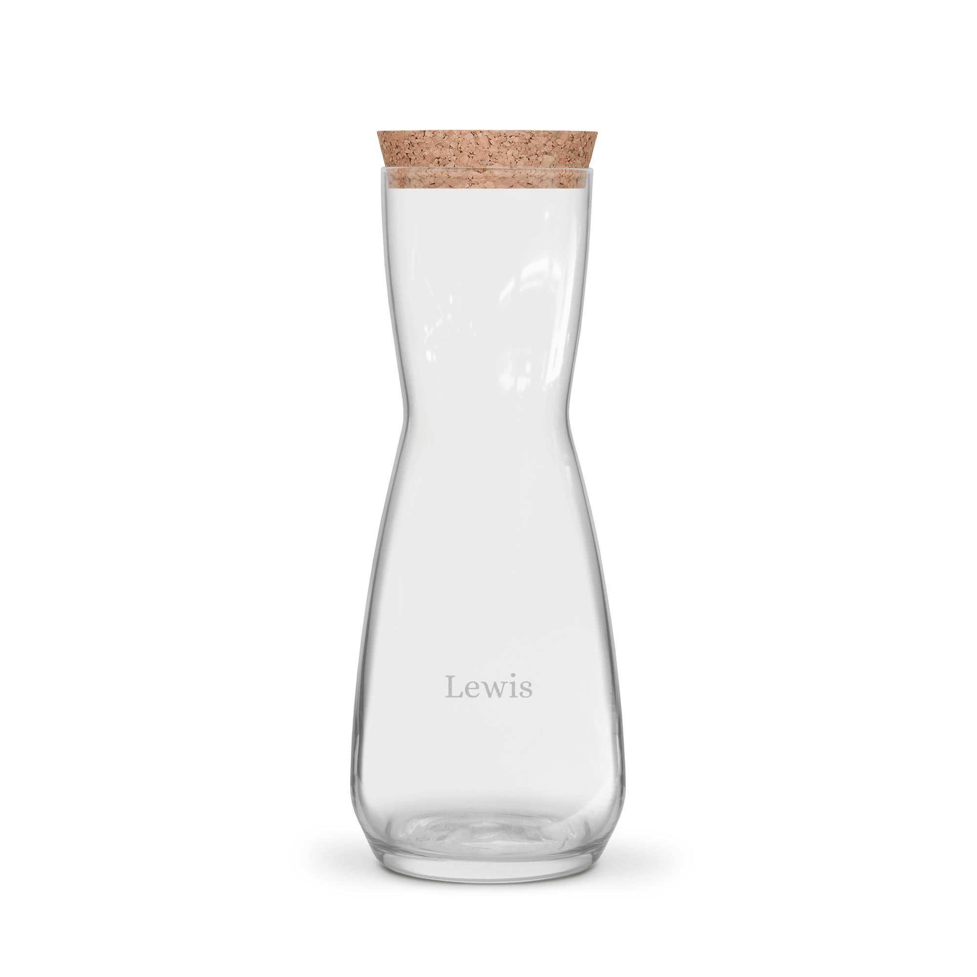 Decantor din sticlă cu dop de plută, personalizat cu numele "Lewis", gravat pe suprafață.