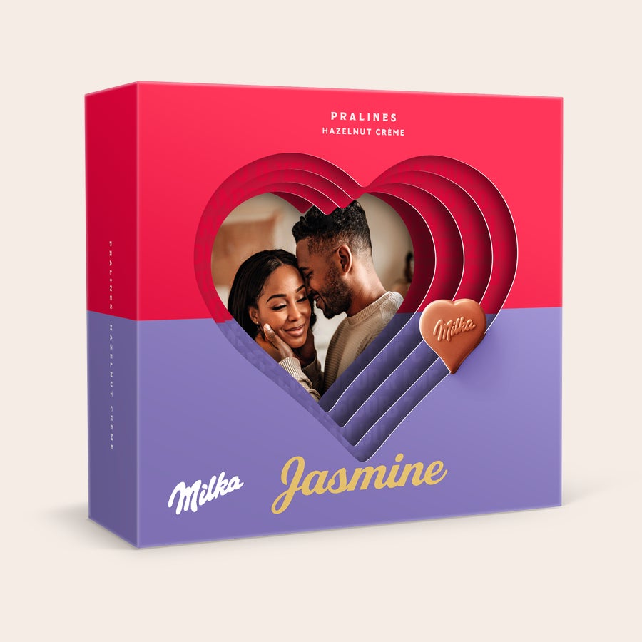 Caixa de oferta Milka Chocolate 3D Caixa de presente 3D Milka Hearts personalizada com foto de casal, nome Jasmine e bombom Milka em forma de coração