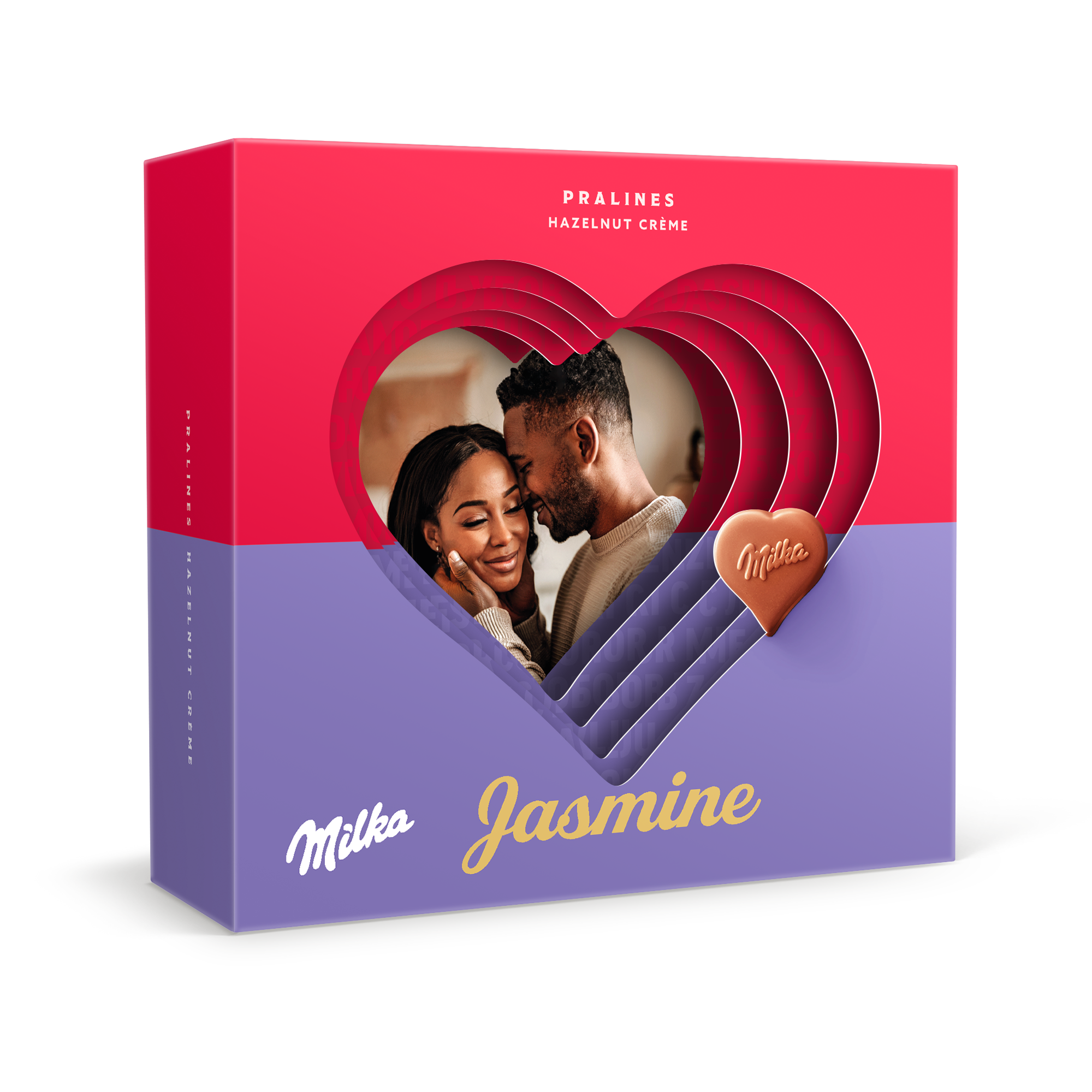 Personalizirana darilna škatla Milka Hearts z natisnjeno fotografijo para in napisom Jasmine.