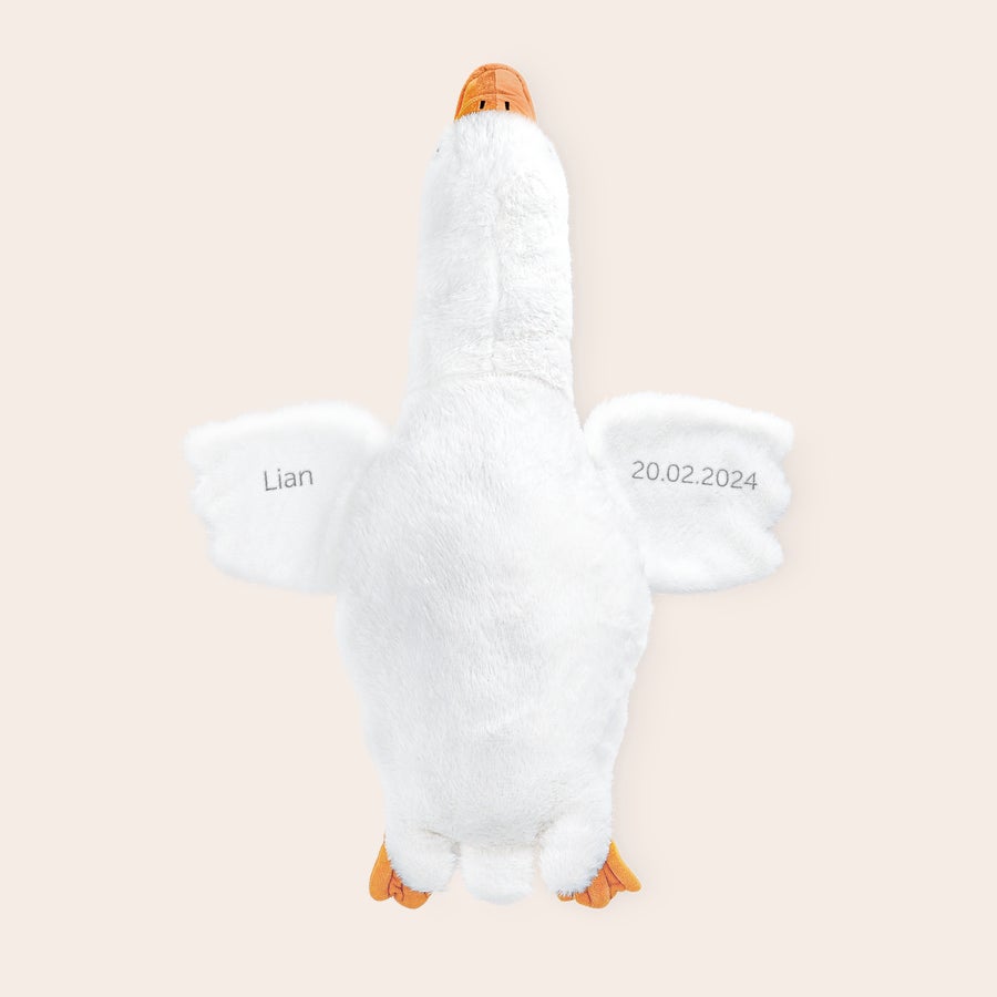 Gans Kuscheltier Personalisiert Weiße Kuschelgans mit orangefarbenem Schnabel und Füßen bestickt mit Name Lian und Datum 20.02.2024