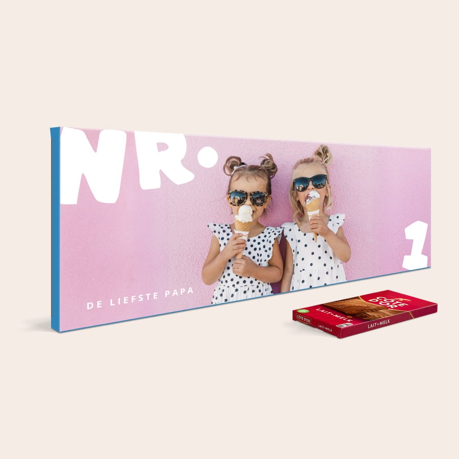 Riesen Côte d'Or Schokolade Personalisiert Personalisierte XXL-Schokoladentafel Côte d'Or - YSP-Design mit eigenem Foto bedruckt, zeigt zwei Mädchen und den Text "DE LIEFSTE PAPA".