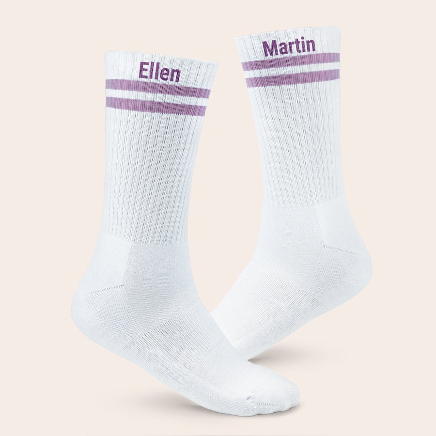 Sports socks with name White personalized sports socks with purple stripes and names Ellen and Martin printed at the top