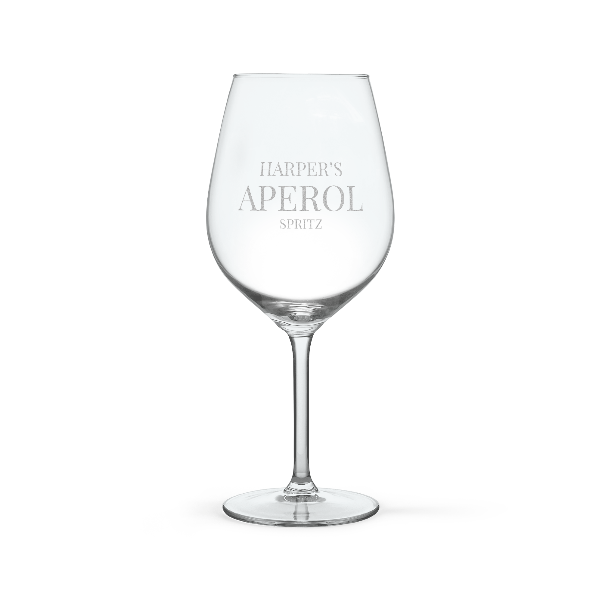 Personalised Aperol Spritz glass engraved with Harpers Aperol Spritz text