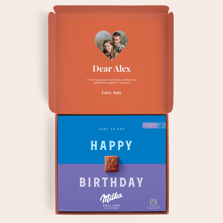 Praline Milka L'amore Confezione regalo Milka personalizzata con foto di coppia stampata e messaggio Dar Alex, Happy Birthday