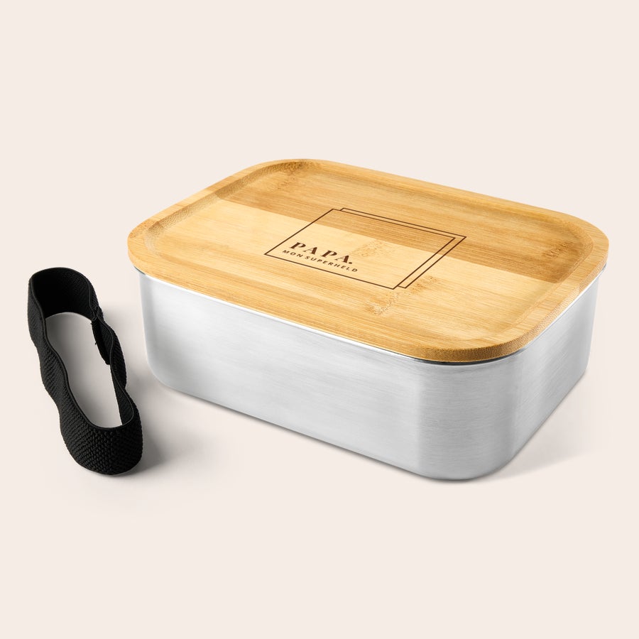 Lunch box bambou personnalisable Lunch box personnalisée en acier inoxydable avec couvercle en bambou gravé Papa mon super-héros et élastique