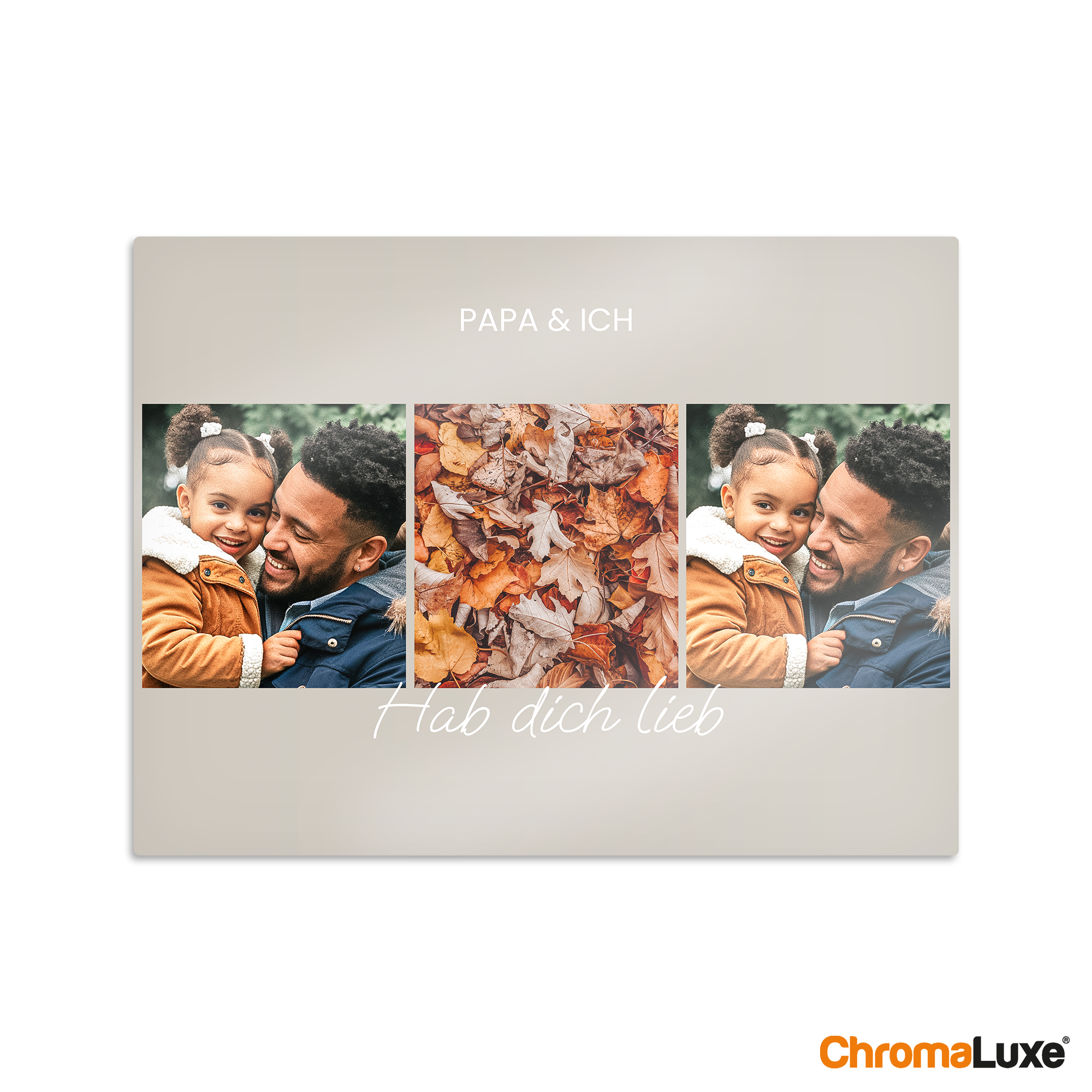 Instagram Collage auf Aluminium mit den eigenen Instafotos als Wanddekoration, personalisiert mit drei Fotos und dem Text Papa & Ich und Hab dich lieb.