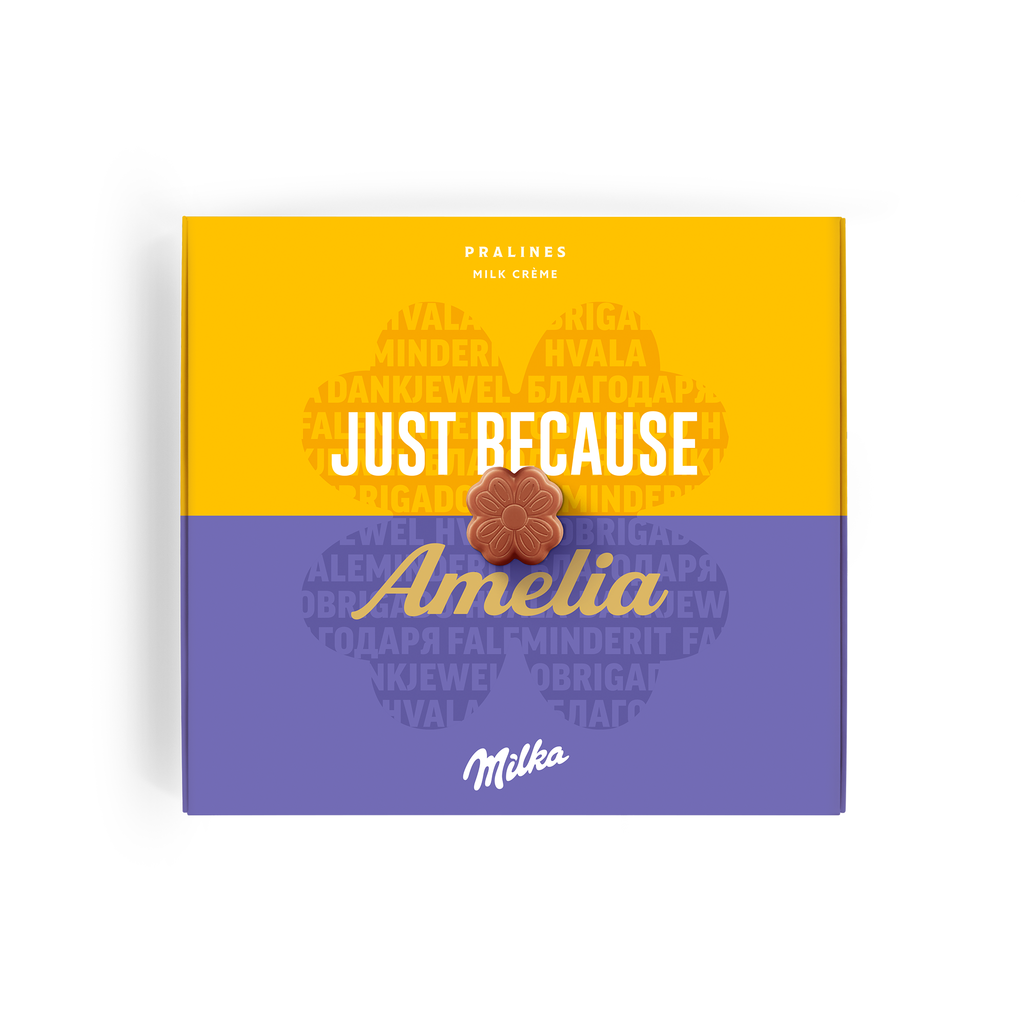 O cutie cadou personalizată Say it with Milka, galbenă și mov, cu mesajul "Just Because" și numele "Amelia" printate.