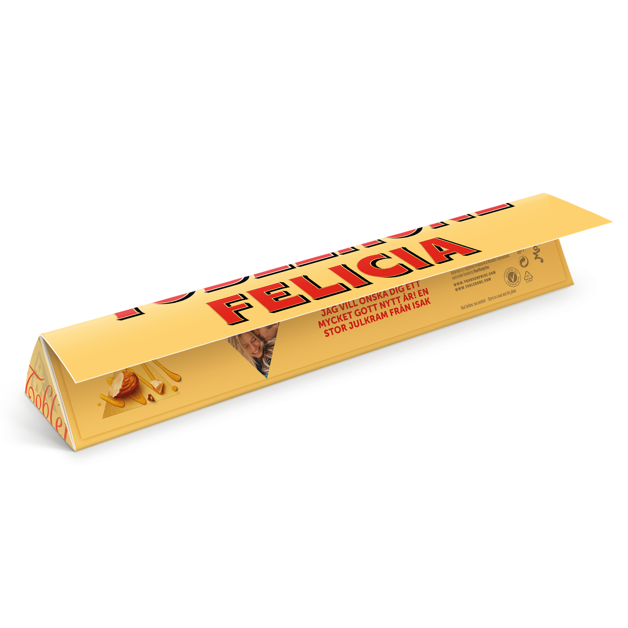 Personlig Toblerone med namn Felicia och ett tryckt foto, perfekt som Toblerone med namn och bild.