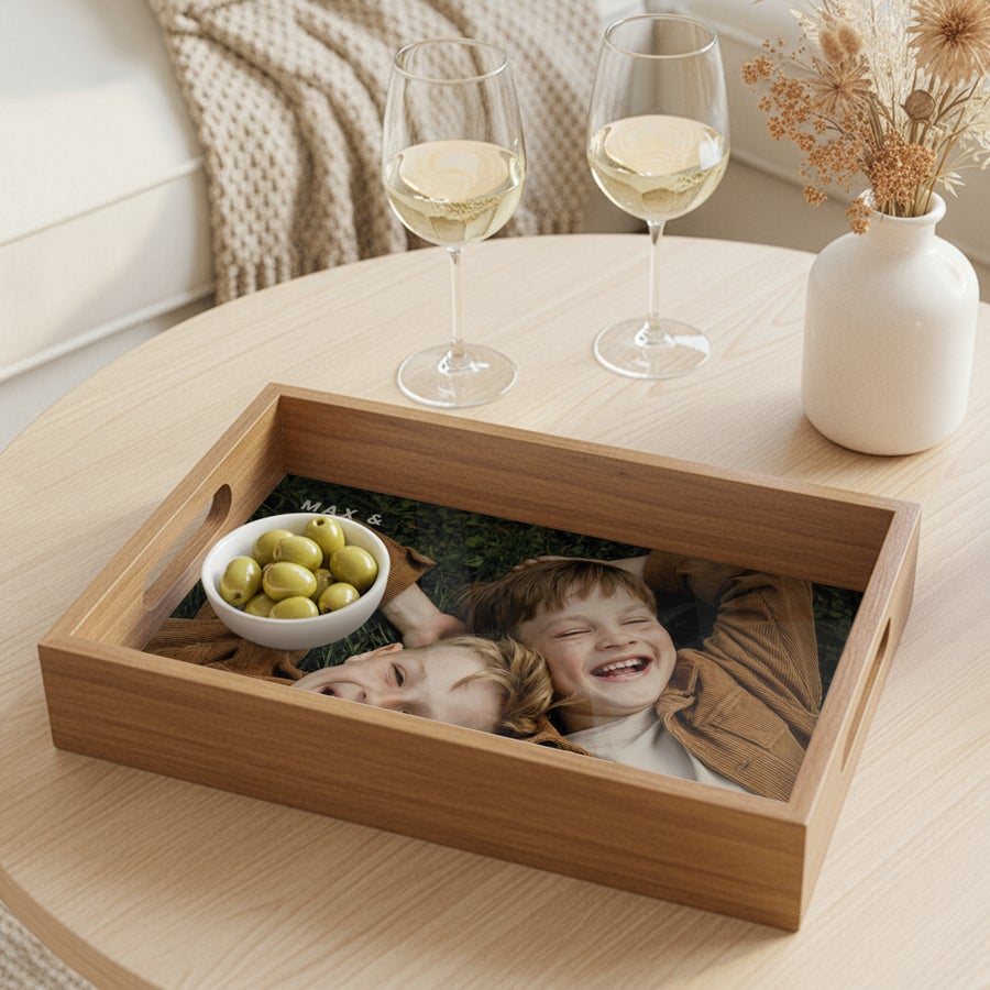 Fototablett Fototablett - Rechteck - Beige - 23.5 x 37 cm, bedruckt mit einem persönlichen Foto von zwei lachenden Kindern und dem Text