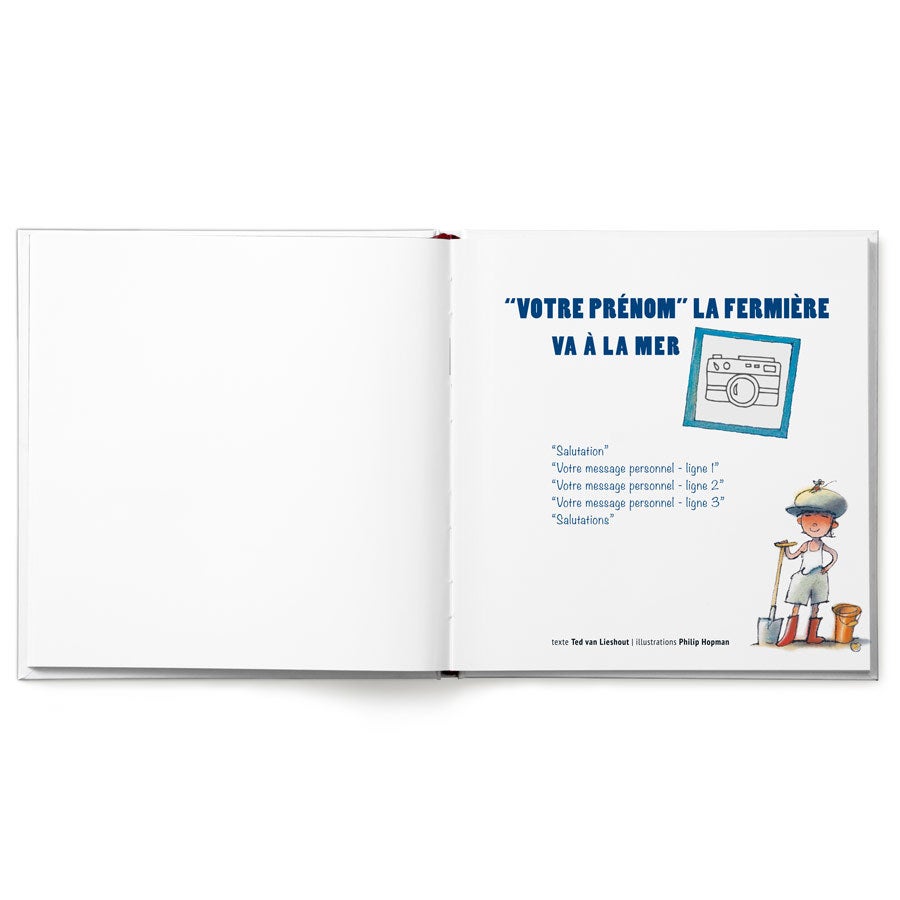 Livre enfant personnalisé La Fermière va à la mer avec prénom et message.