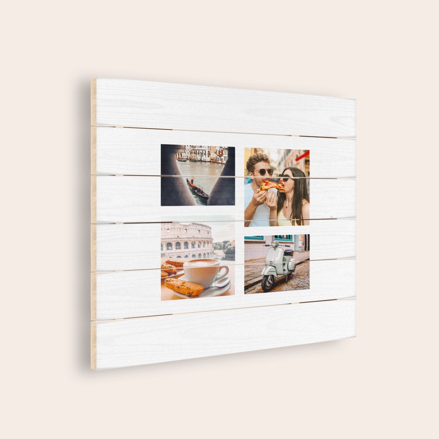 Foto op hout afdrukken Houten fotopaneel met vier persoonlijke foto's geprint op whitewash vurenhout