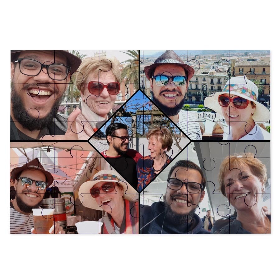 Kleines Fotopuzzle, bedruckt mit einer Collage aus mehreren Familienfotos, um jemandem große Freude zu schenken.