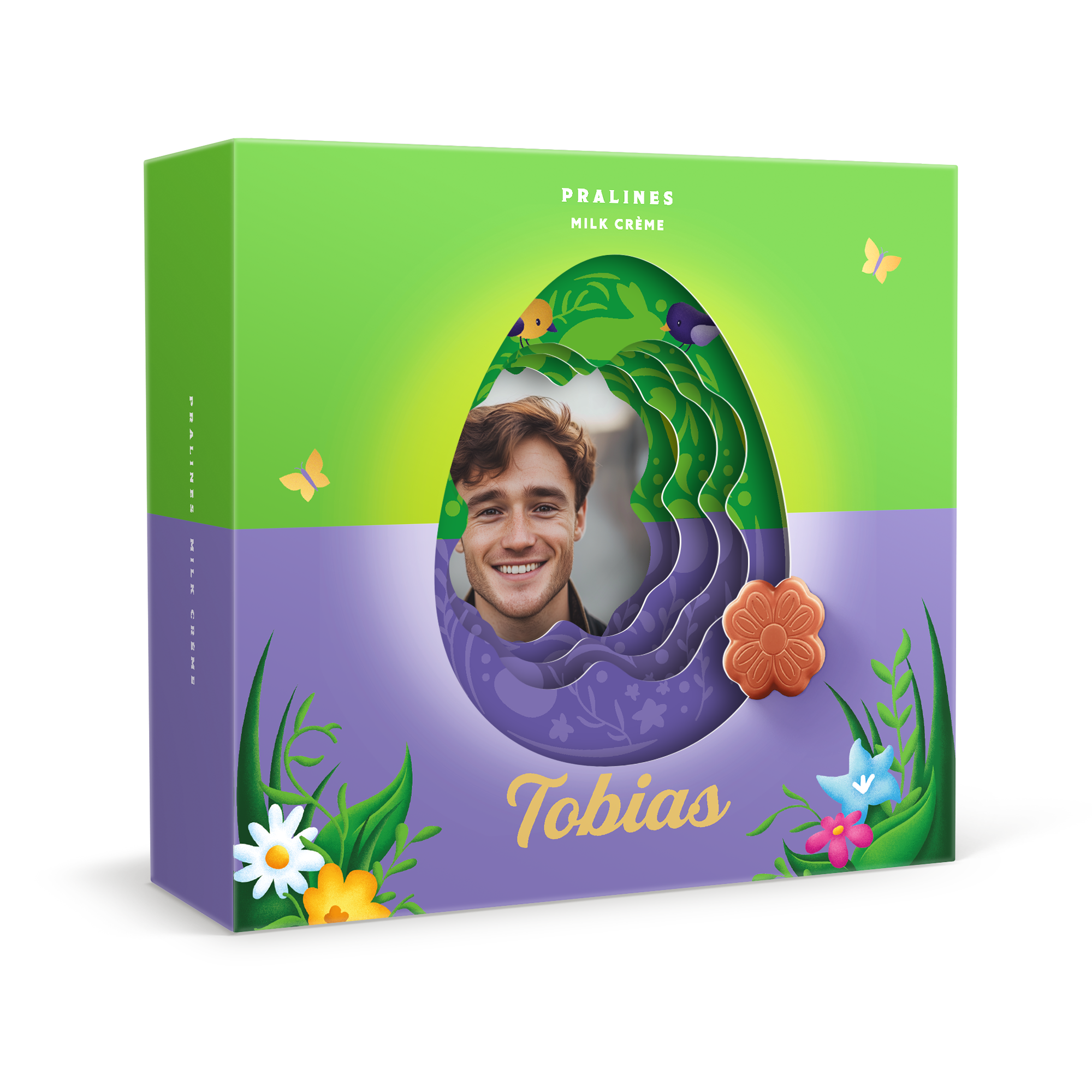 Personalisierte Milka 3D Geschenkbox mit Foto von Tobias und Blütenform, bedruckt als Osterzauber Geschenk