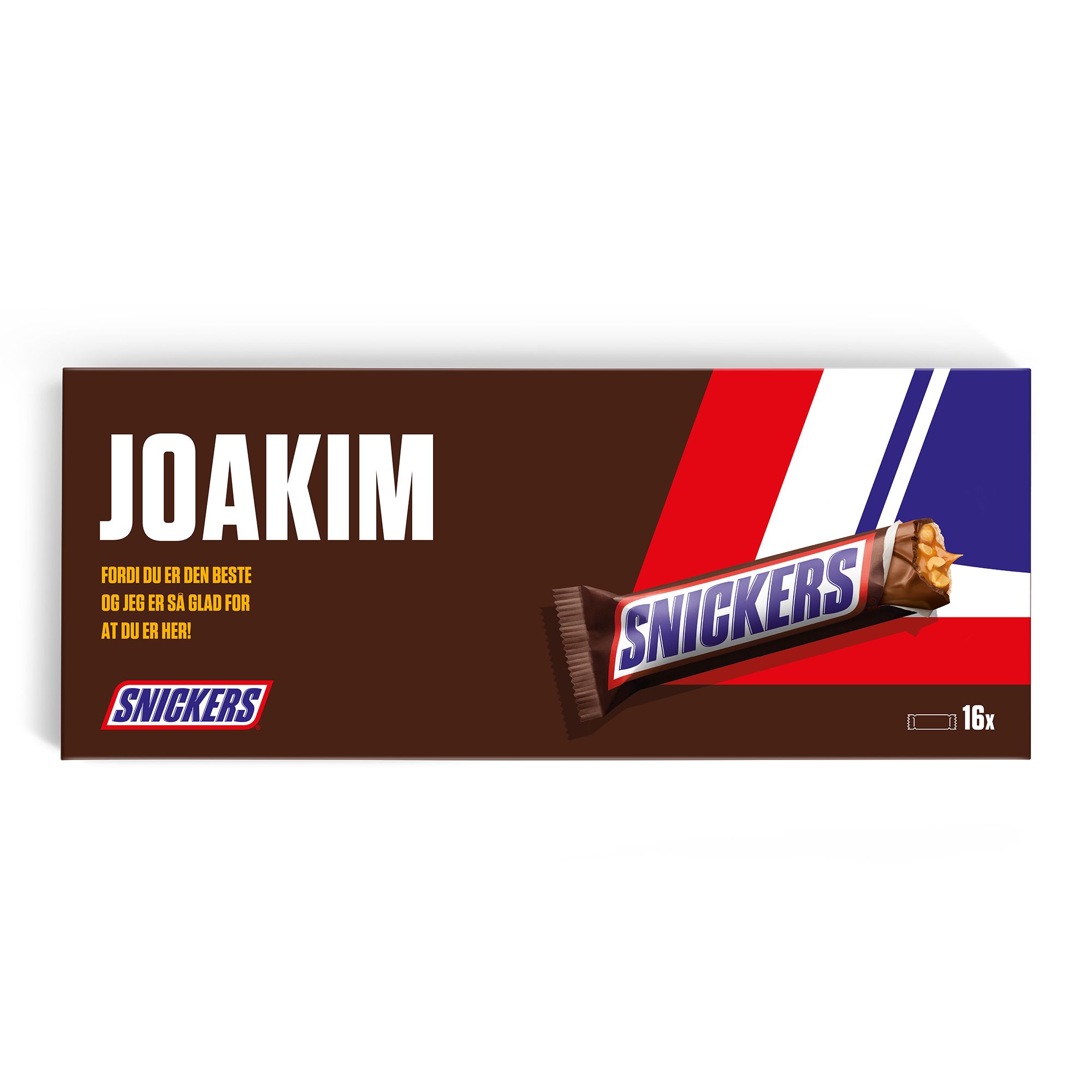 Den personlige XXL Snickers-sjokoladen med navnet Joakim og teksten "Fordi du er den beste".