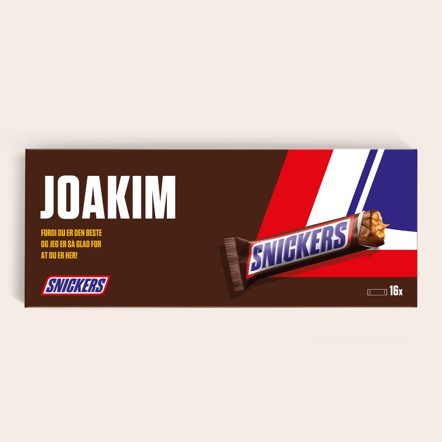 Personlig tilpasset XXL Snickers-sjokolade Den personlige XXL Snickers-sjokoladen med navnet Joakim og teksten "Fordi du er den beste".
