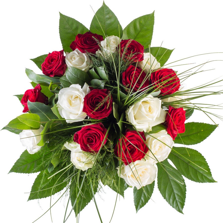 Bloemen - Boeket Rozen Rood-Wit (Groot) Bloemen - Boeket Rozen Rood-Wit (Groot)