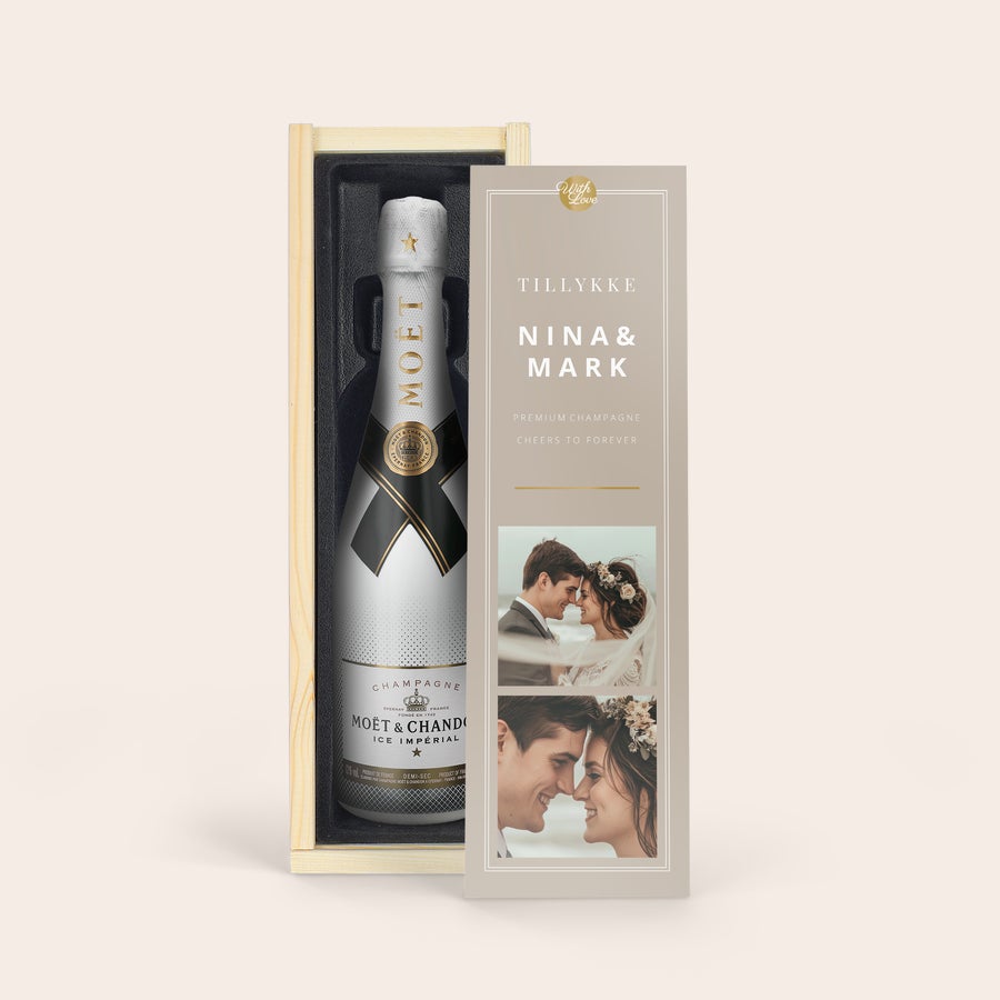 Moet & Chandon Ice Imperial champagne is personlig trækasse Moët & Chandon champagne i personaliseret trææske med bryllupsbilleder og teksten Nina & Mark