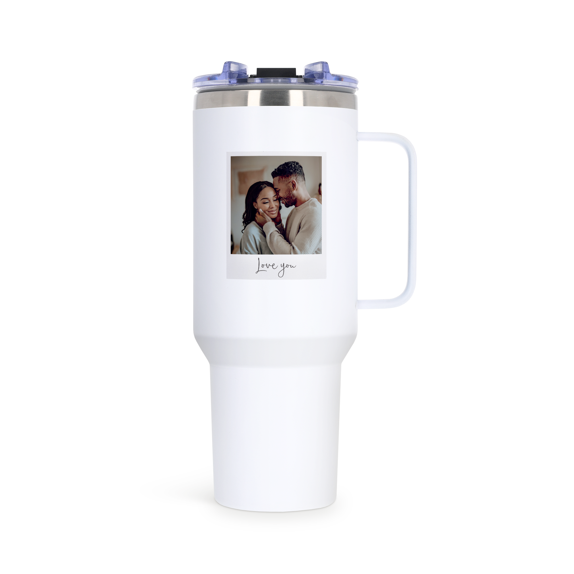 Weißer 1,2 Liter Tumbler mit Strohhalm, bedruckt mit einem Foto eines Paares und dem Text 