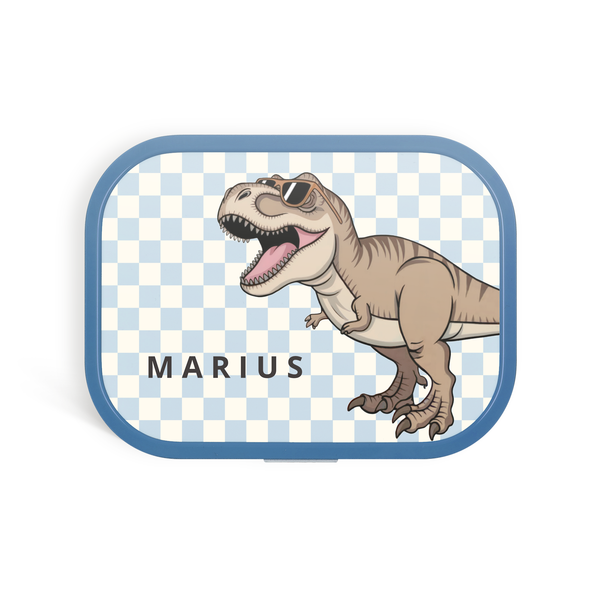 Blå Mepal matboks med et kul dinosaurmotiv og navnet "MARIUS" trykt i fullfarge.