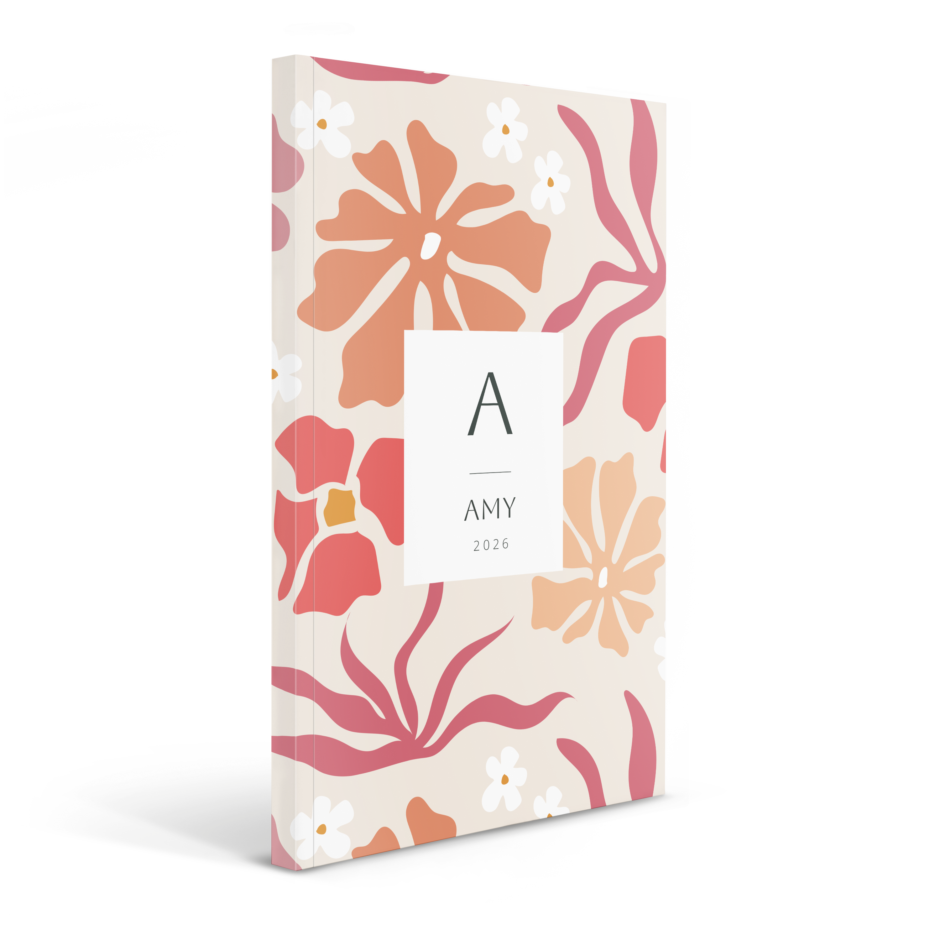 Agenda personalizada 2026 con estampado floral en tonos rosa y naranja, y nombre AMY.