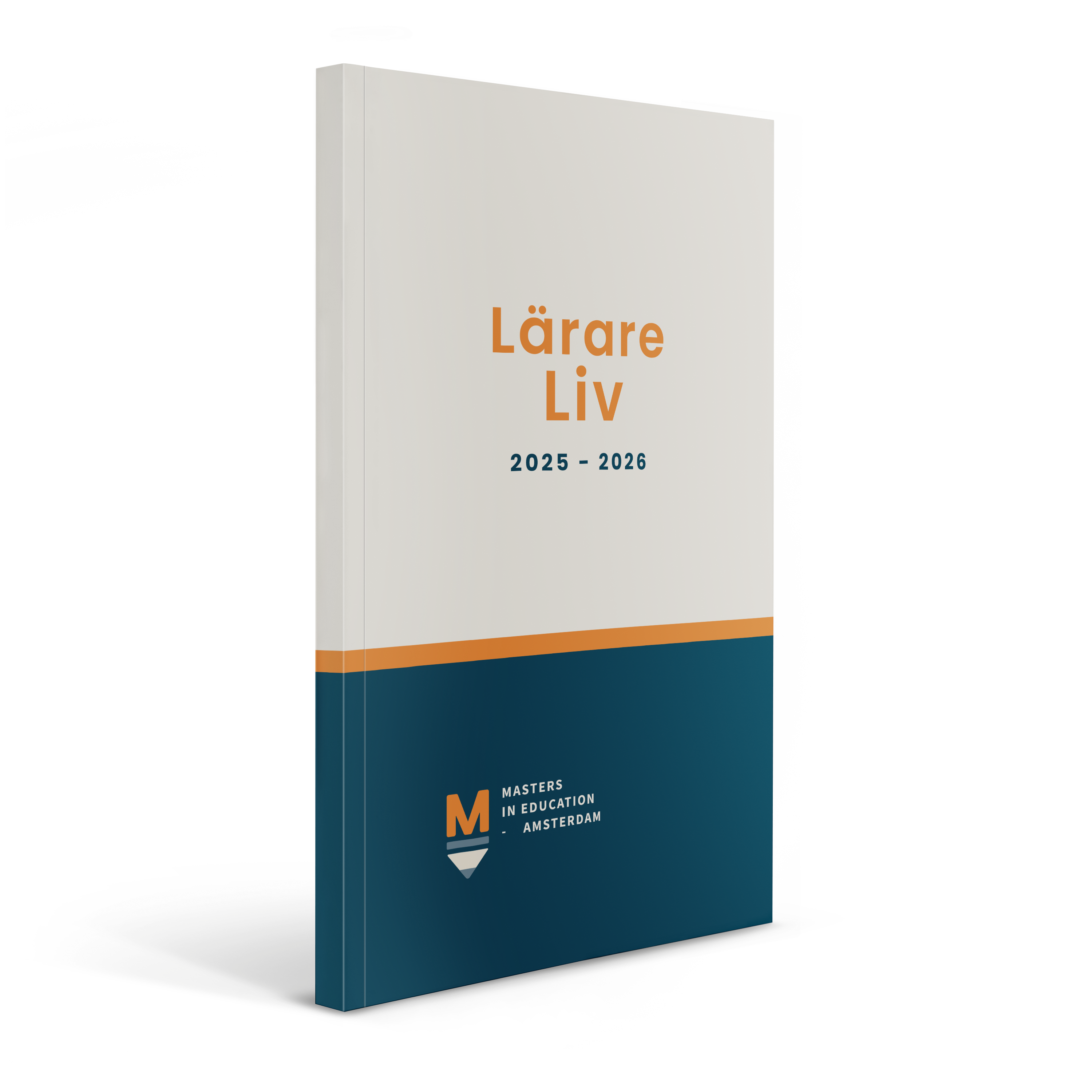 Vit personlig skolkalender med tryckt text Lärare Liv 2025-2026 i orange och blått