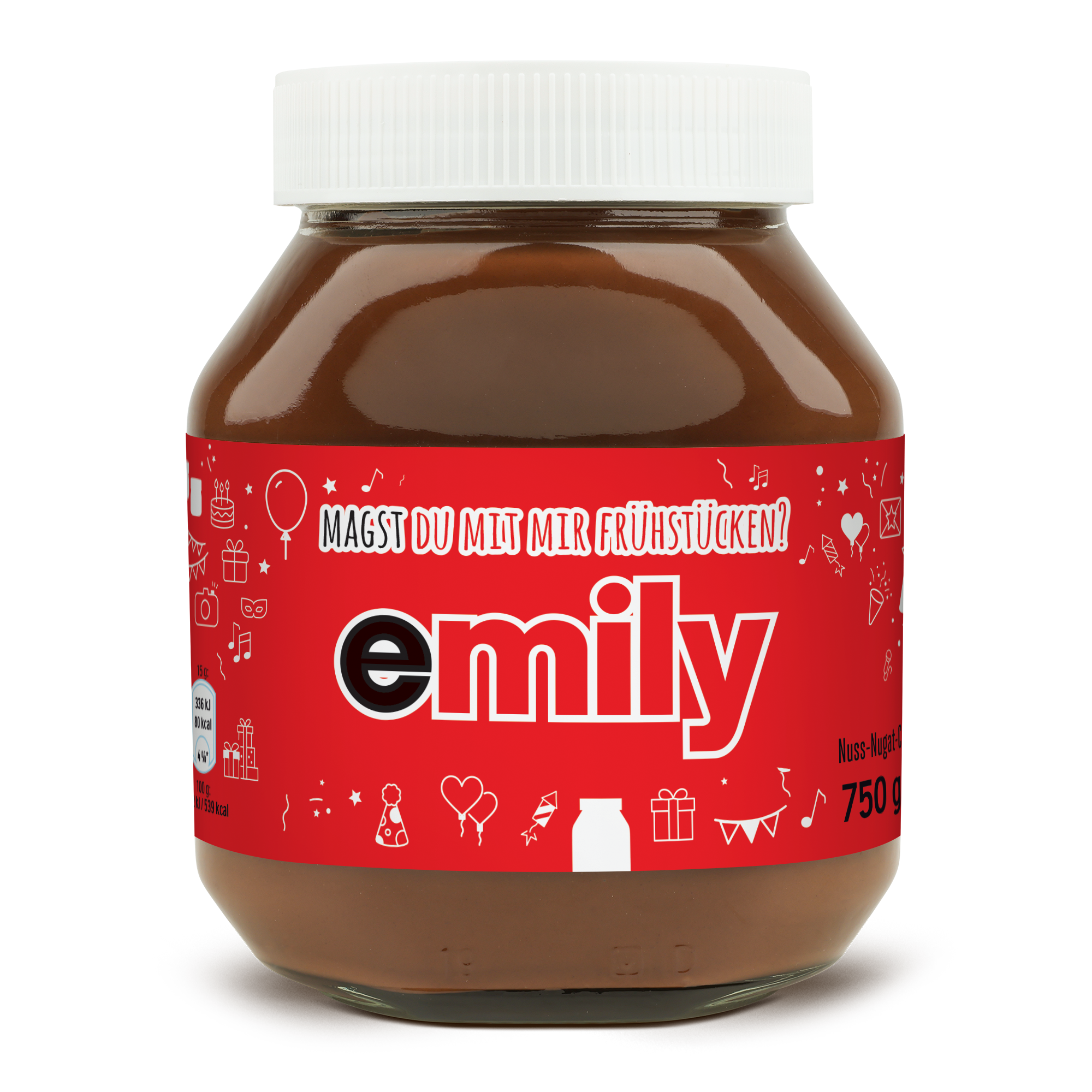 nutella Glas, personalisiert mit Namen Emily und dem Text Magst du mit mir frühstücken, rot bedruckt.
