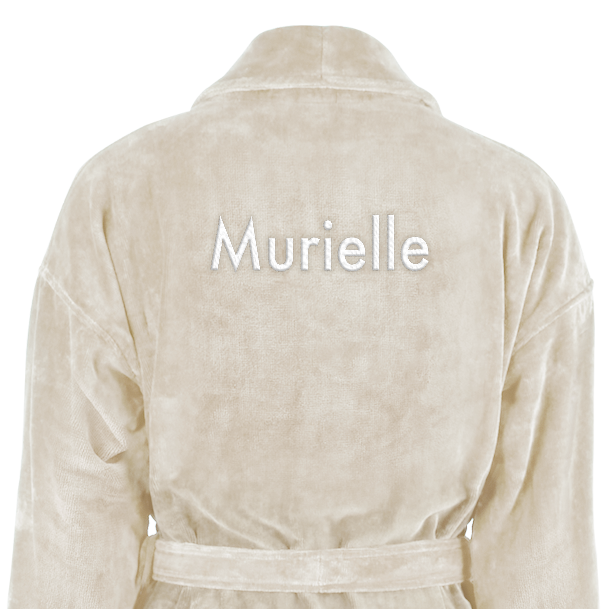Peignoir de bain personnalisé beige avec le prénom Murielle brodé en blanc au dos