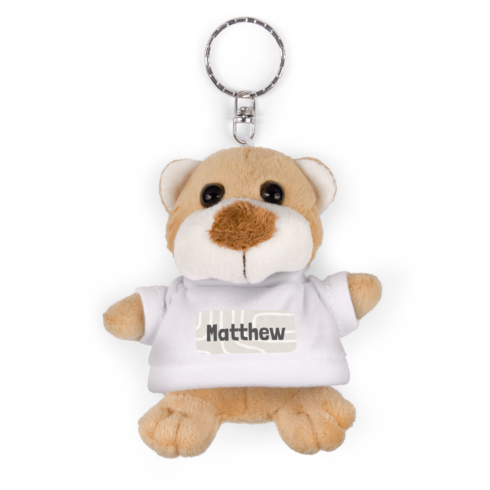 Plush teddy bear keyring with name Matthew printed on a white shirt