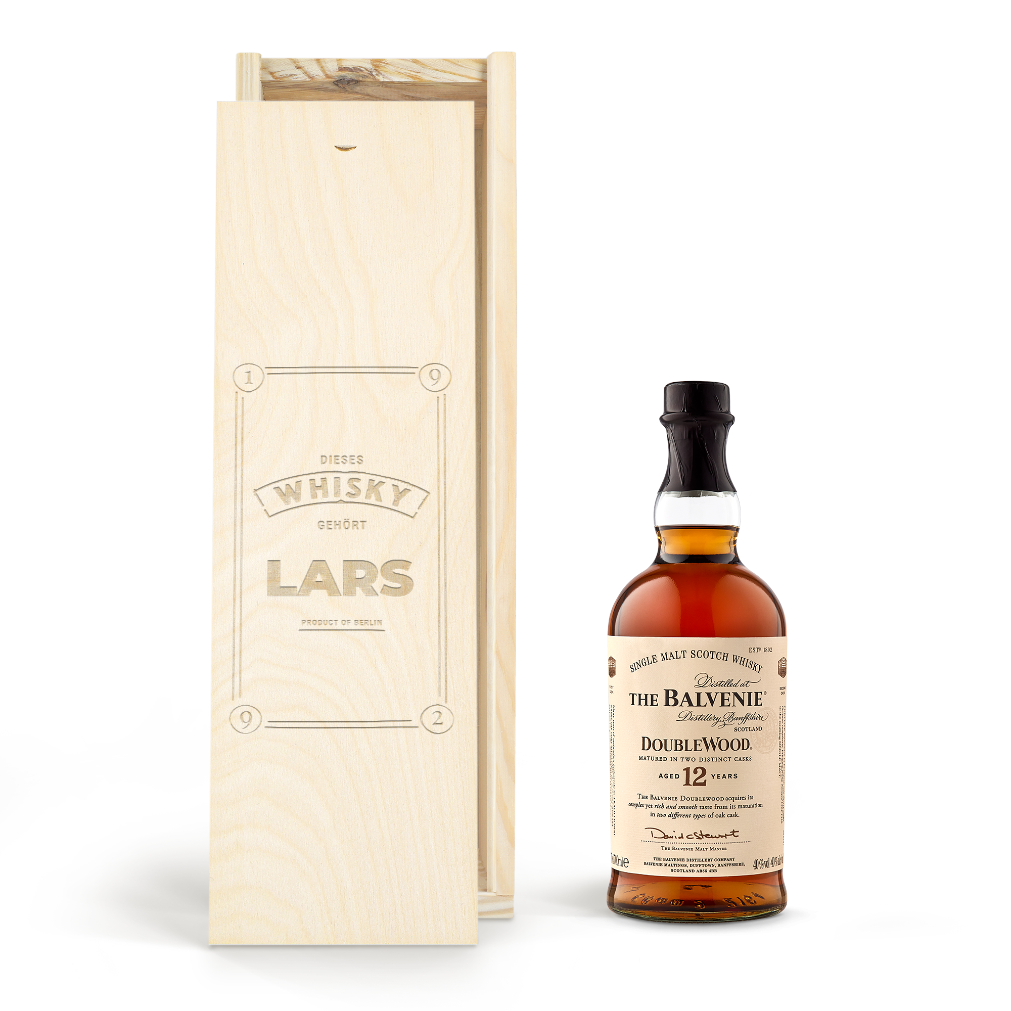 Flasche The Balvenie Doublewood 12 Jahre in gravierter Holzkiste mit Aufschrift Lars und Produkt of Berlin