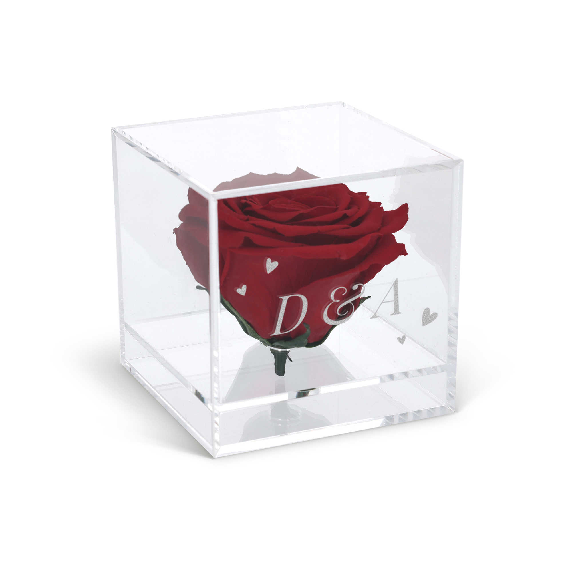 Eternal rose in engraved Plexi case with custom initials D & A and small hearts