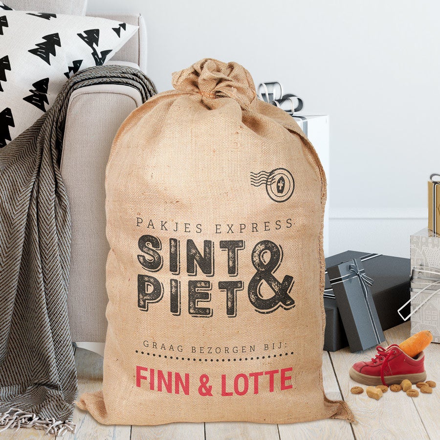 Jute zak van Sinterklaas met naam bedrukt
