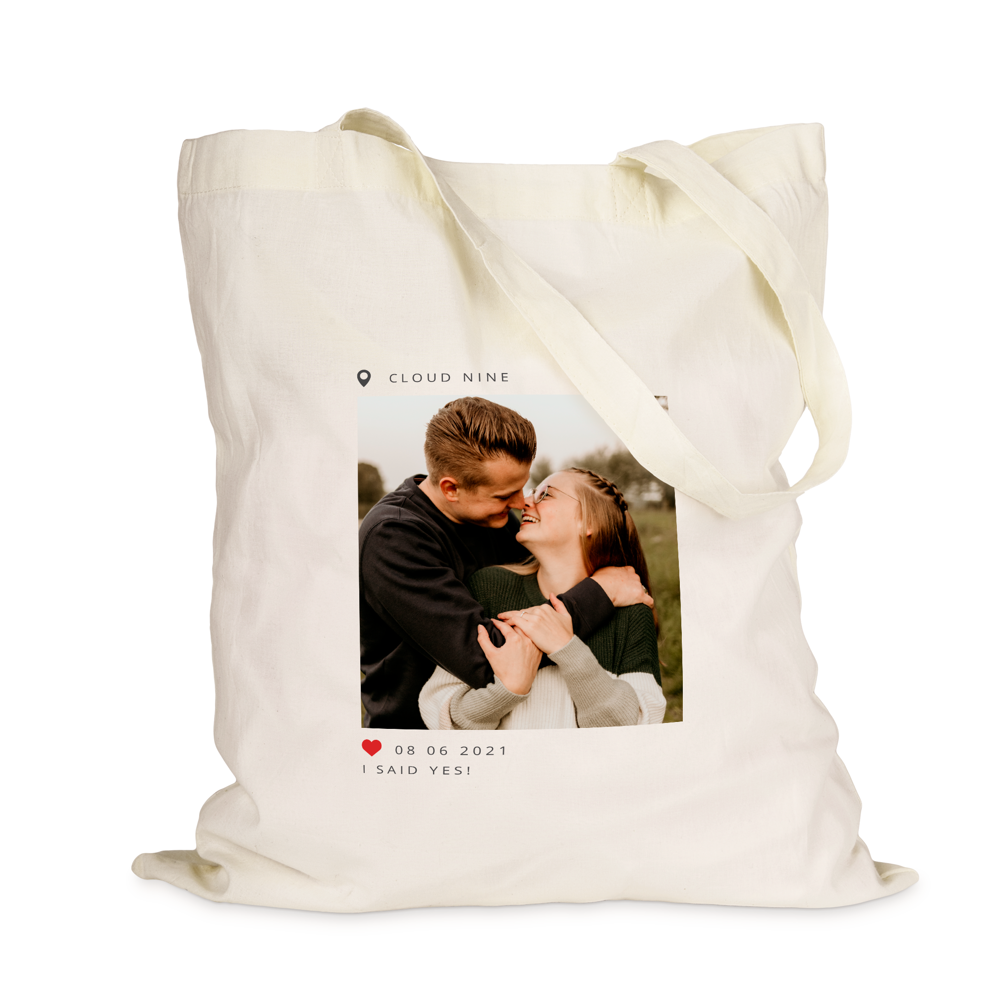Bolsa de tela personalizada con foto de pareja, texto "Cloud Nine" y "I SAID YES!" y fecha, regalo para amigas.