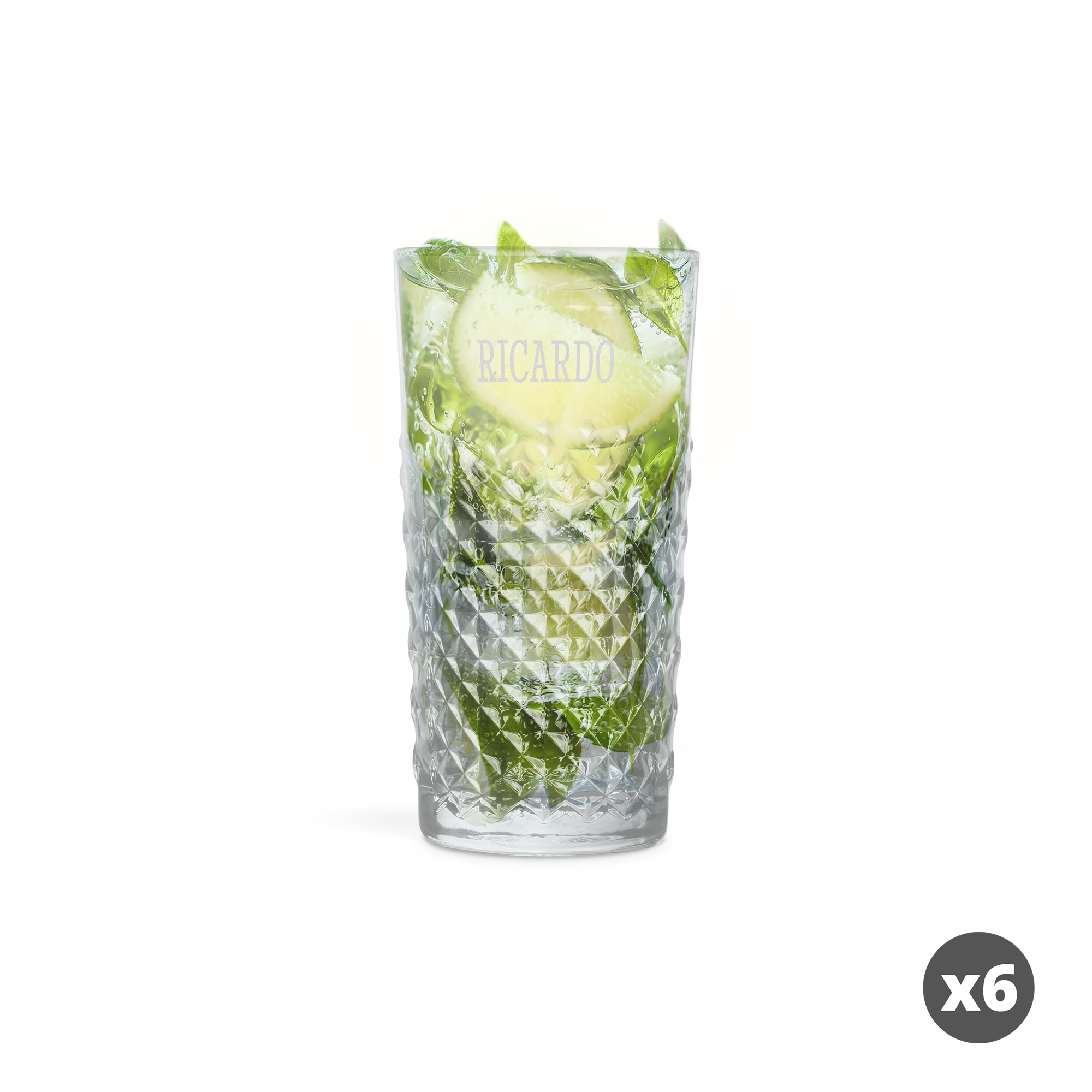 Bicchiere da mojito personalizzato, riempito con ghiaccio, lime e menta, inciso con il nome Ricardo