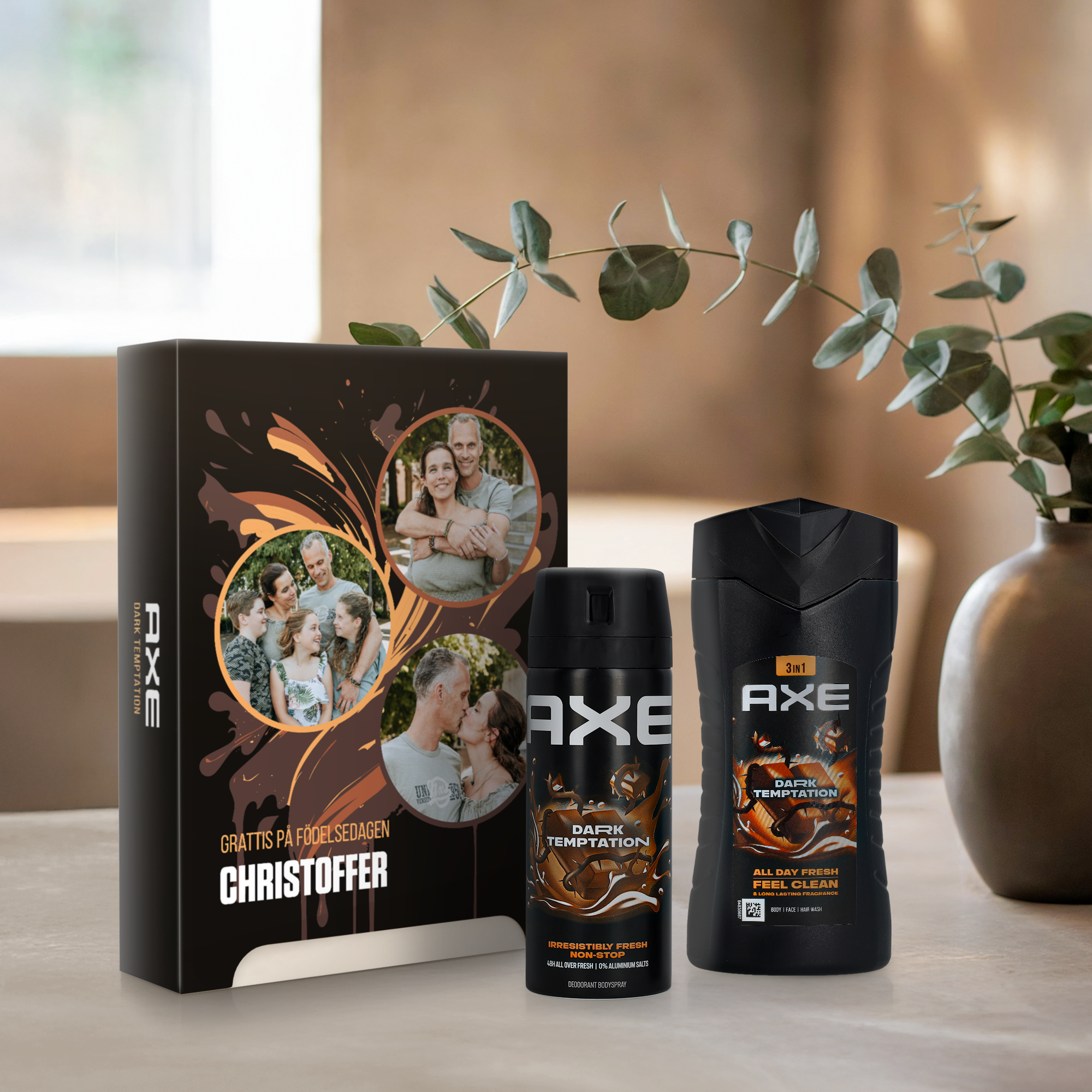 Personlig yxa presentset - Dark Temptation med anpassad bildtryckt förpackning och namn Christoffer.