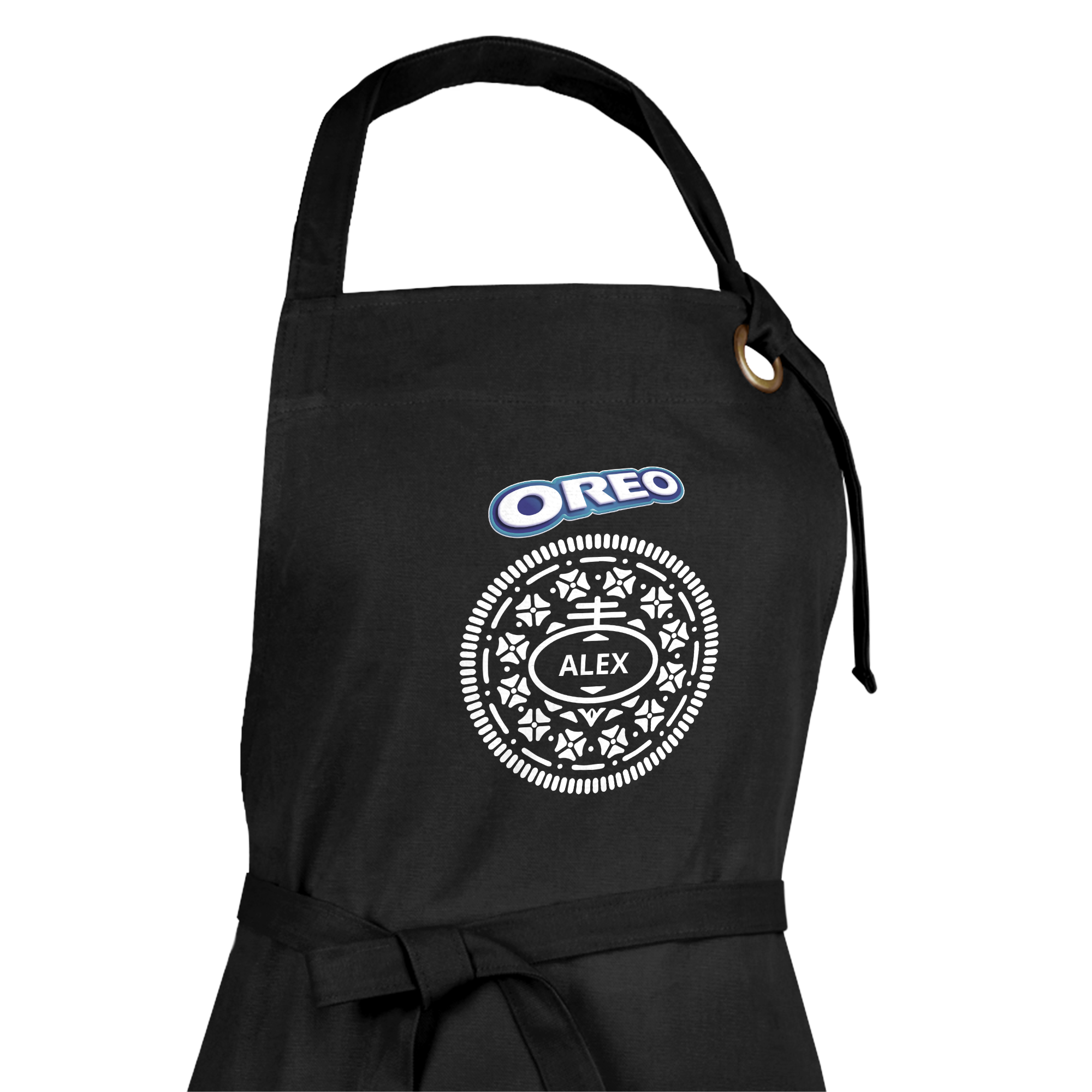 Črn predpasnik za peko z logotipom Oreo in vtisnjenim imenom Alex, personaliziran darilni set.