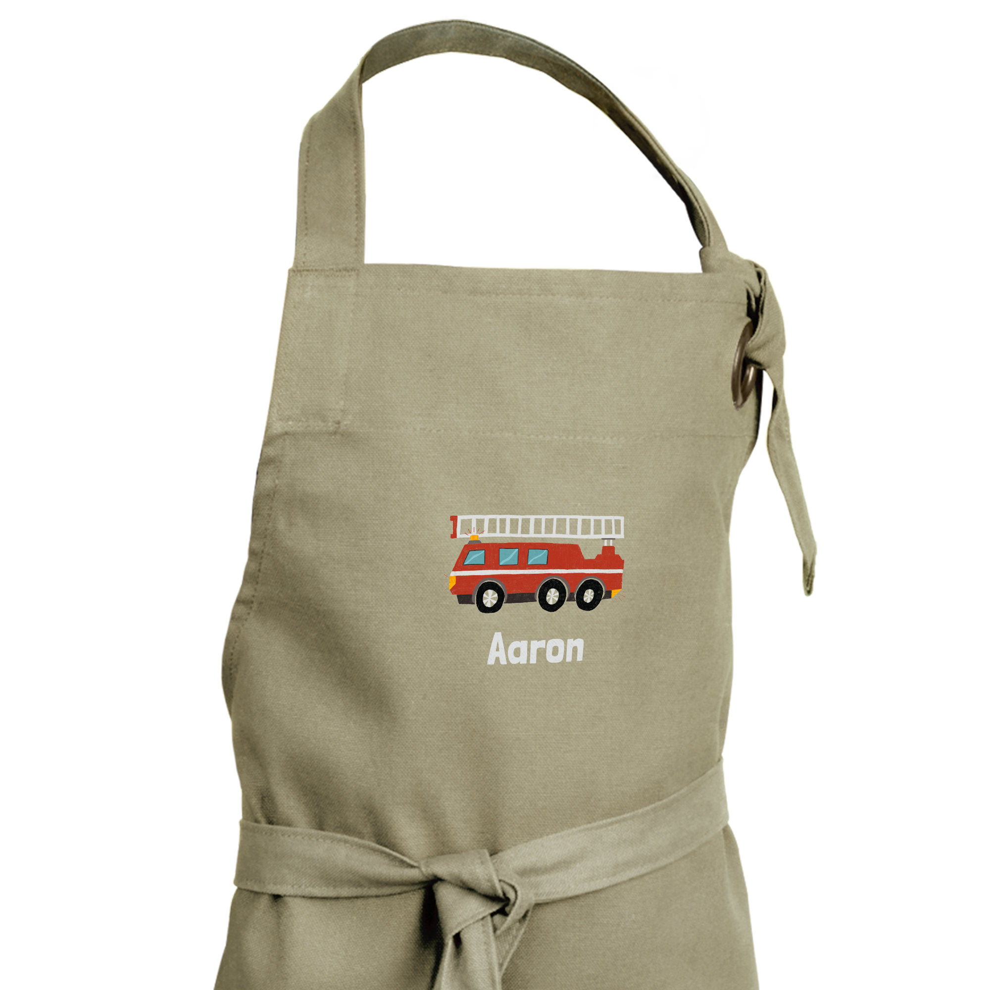 Delantal de cocina para niños color beige con nombre "Aaron" y estampado de camión de bomberos, un delantal personalizado.